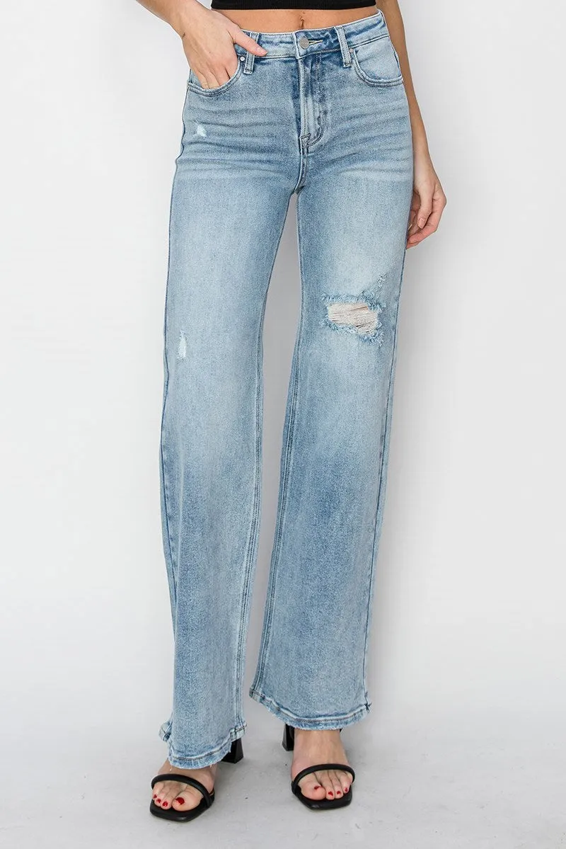 Risen Jeans - High Rise Distressed Detail Wide Leg Jeans - RDP5522