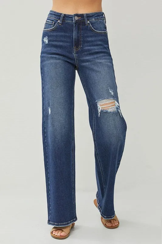 Risen Jeans - High Rise Distressed Detail Wide Leg Jeans - RDP5522