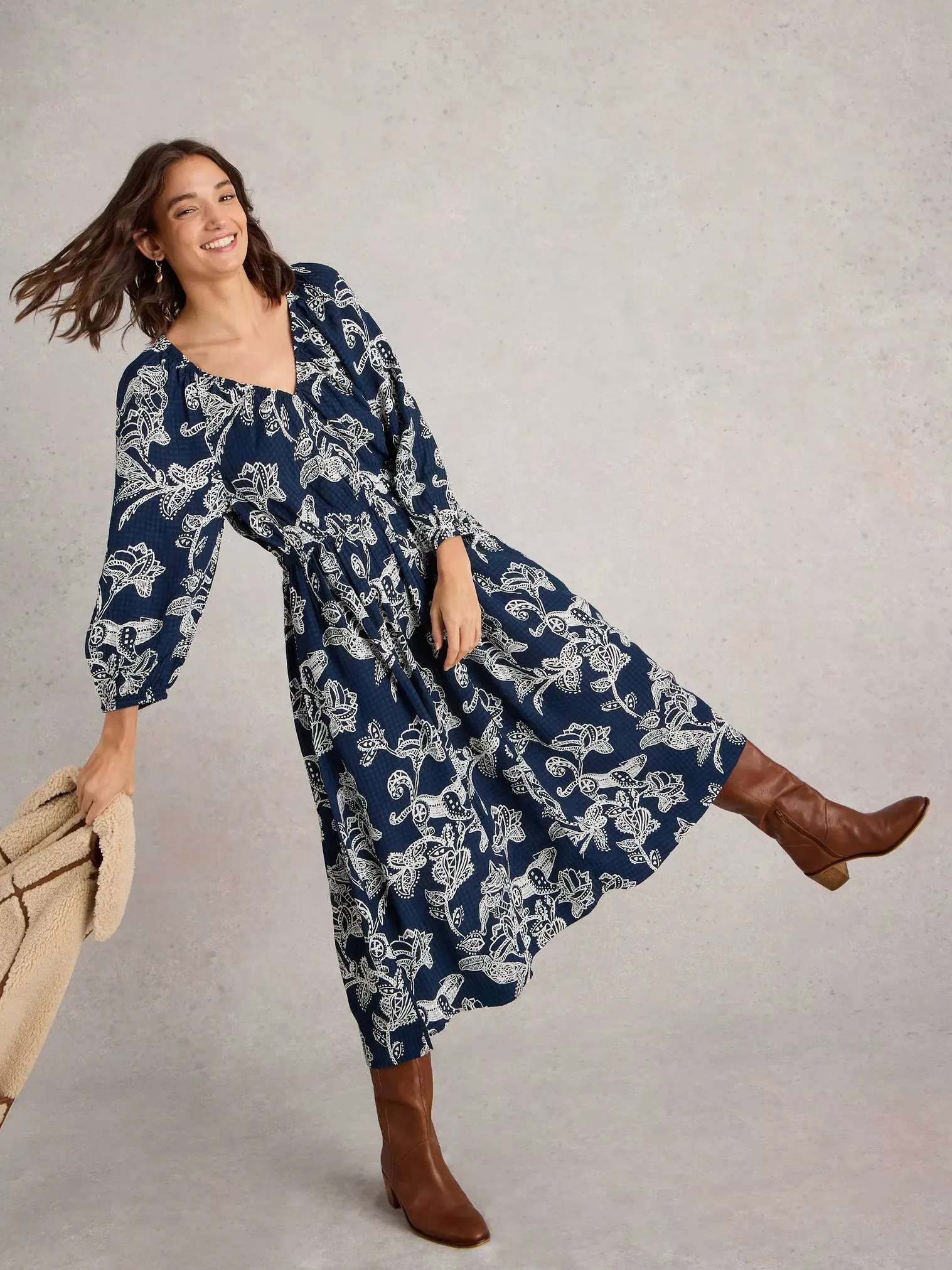 Skylar Midi Dress in Navy Print by WhiteStuff