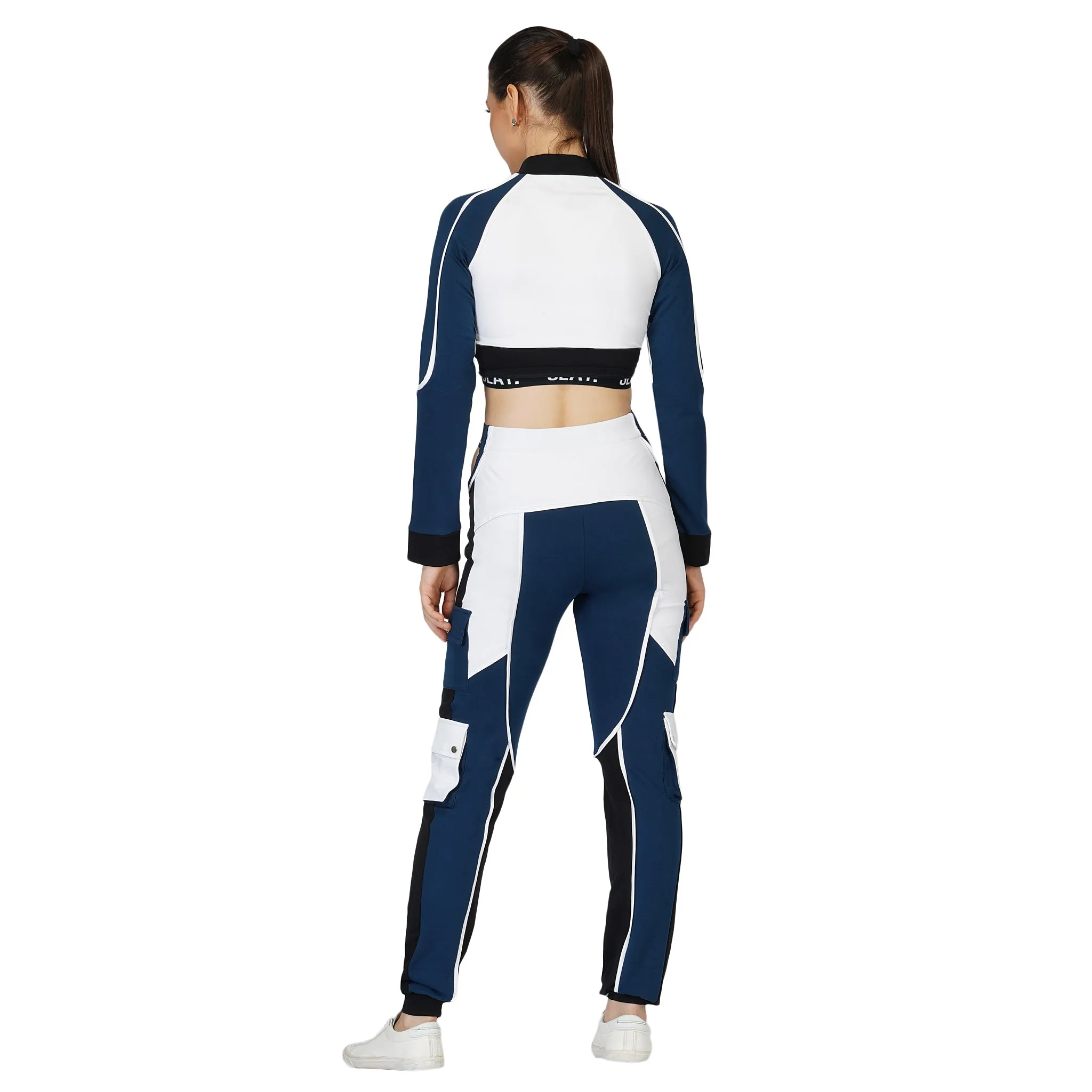 SLAY. Women's Activewear Tracksuit Blue Colorblock Crop Jacket &  High Waist Cargo Pants Co-ord Set