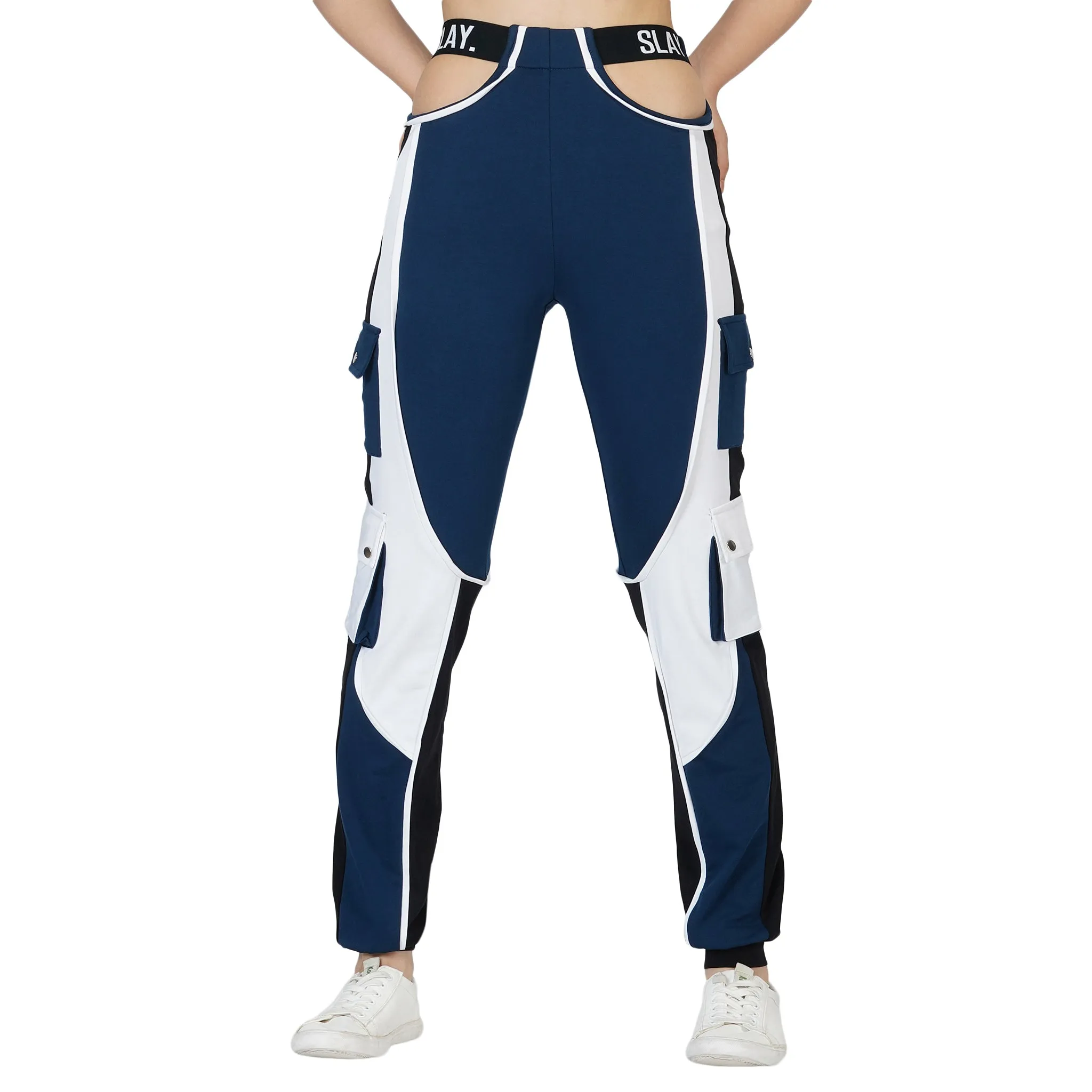 SLAY. Women's Activewear Tracksuit Blue Colorblock Crop Jacket &  High Waist Cargo Pants Co-ord Set