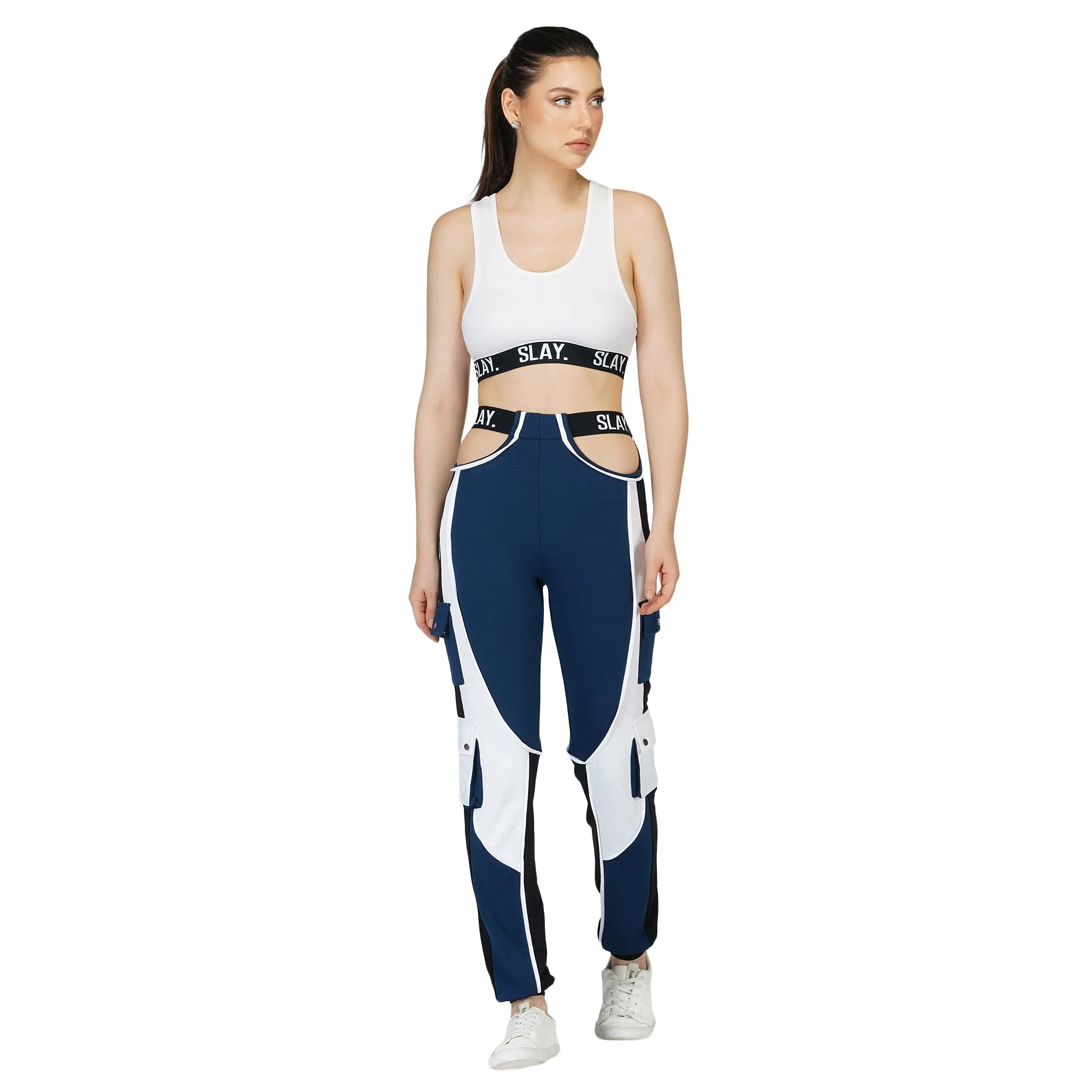 SLAY. Women's Activewear Tracksuit Blue Colorblock Crop Jacket &  High Waist Cargo Pants Co-ord Set