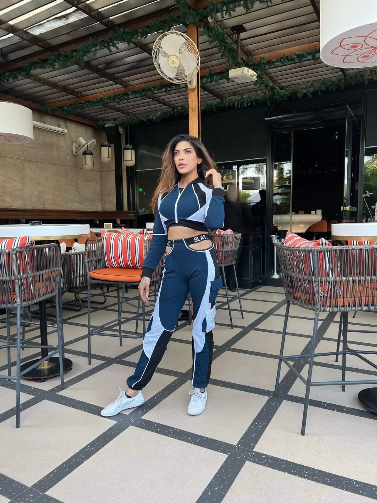 SLAY. Women's Activewear Tracksuit Blue Colorblock Crop Jacket &  High Waist Cargo Pants Co-ord Set