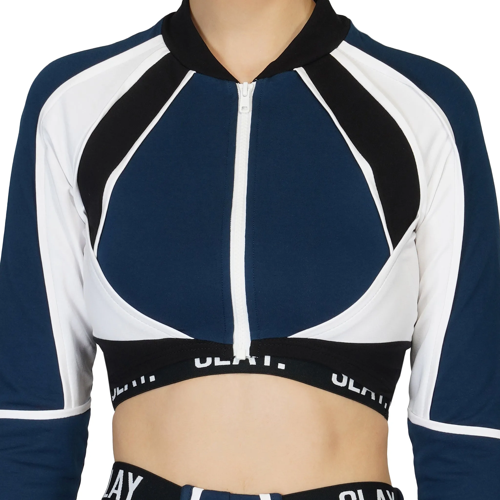 SLAY. Women's Activewear Tracksuit Blue Colorblock Crop Jacket &  High Waist Cargo Pants Co-ord Set