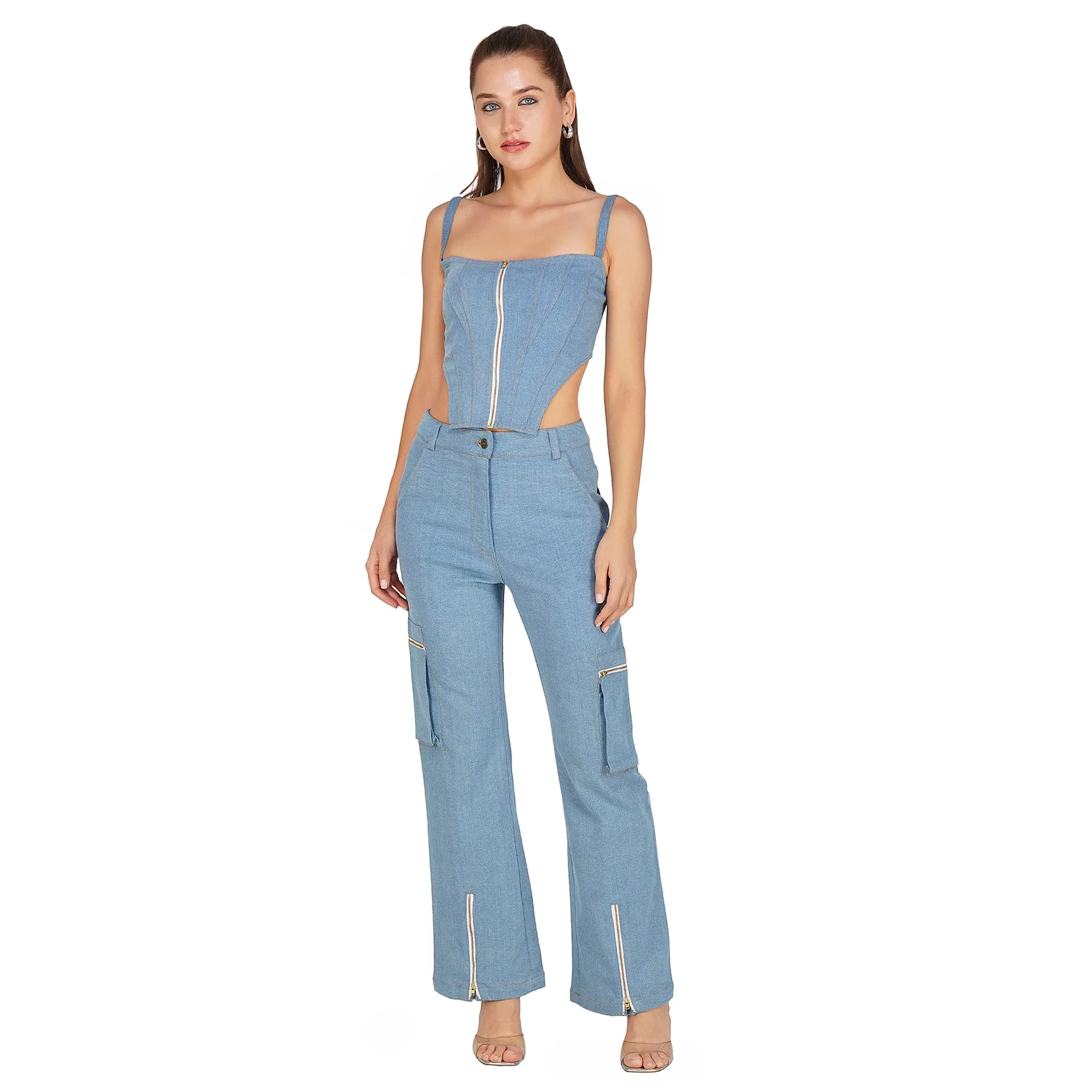 SLAY. Women's Light Blue Enzyme Wash Denim Zip up Corset & Cargo Jeans Co ord Set(Stretch Fabric)