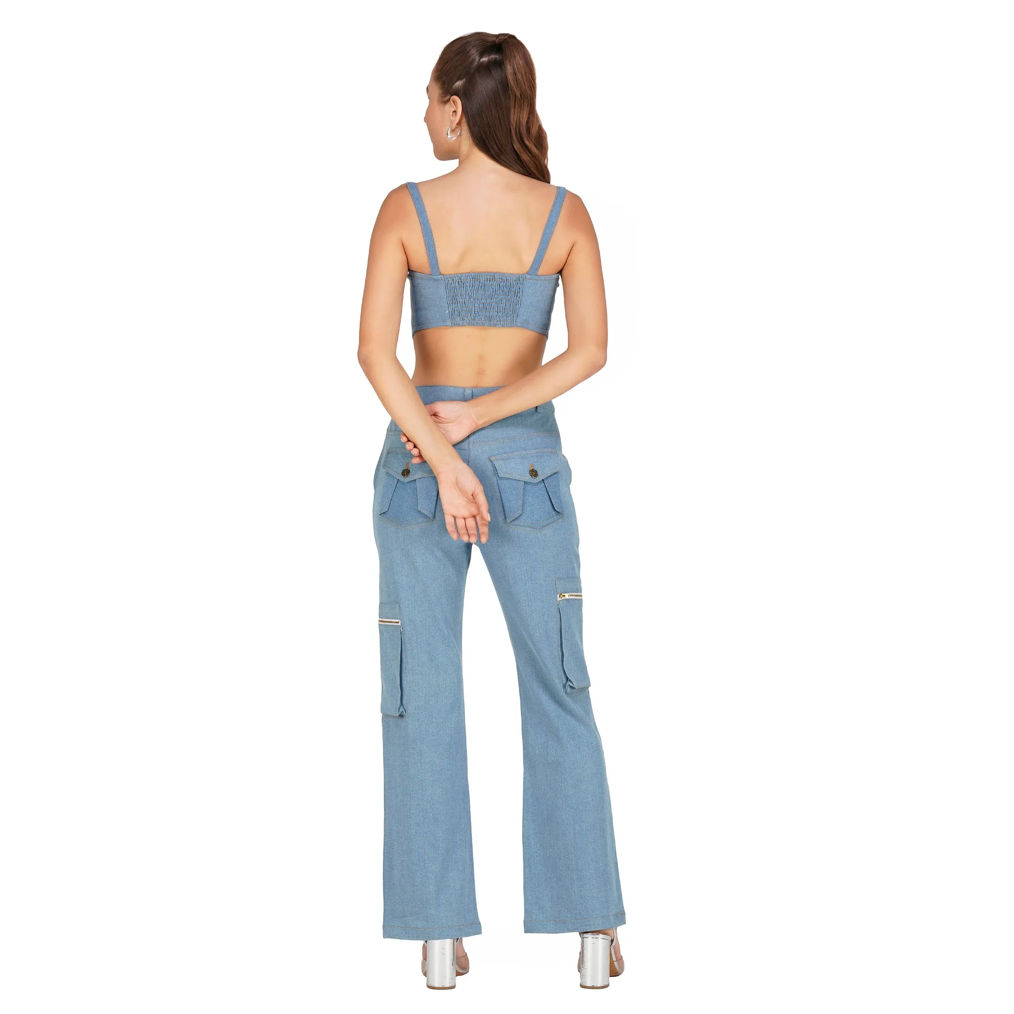 SLAY. Women's Light Blue Enzyme Wash Denim Zip up Corset & Cargo Jeans Co ord Set(Stretch Fabric)