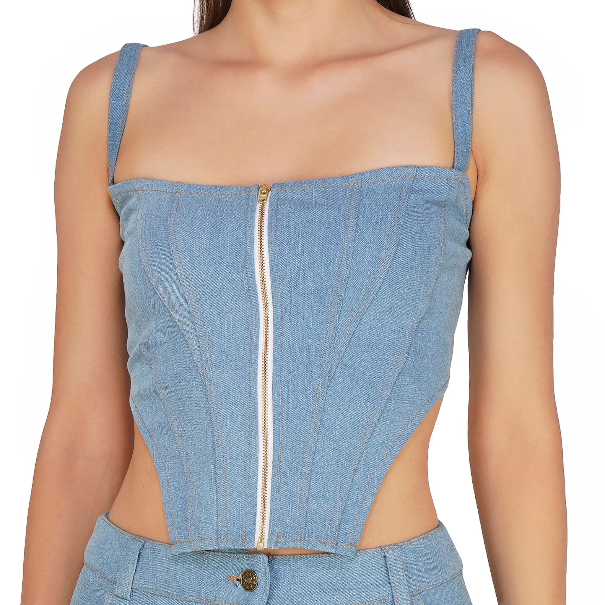 SLAY. Women's Light Blue Enzyme Wash Denim Zip up Corset & Cargo Jeans Co ord Set(Stretch Fabric)