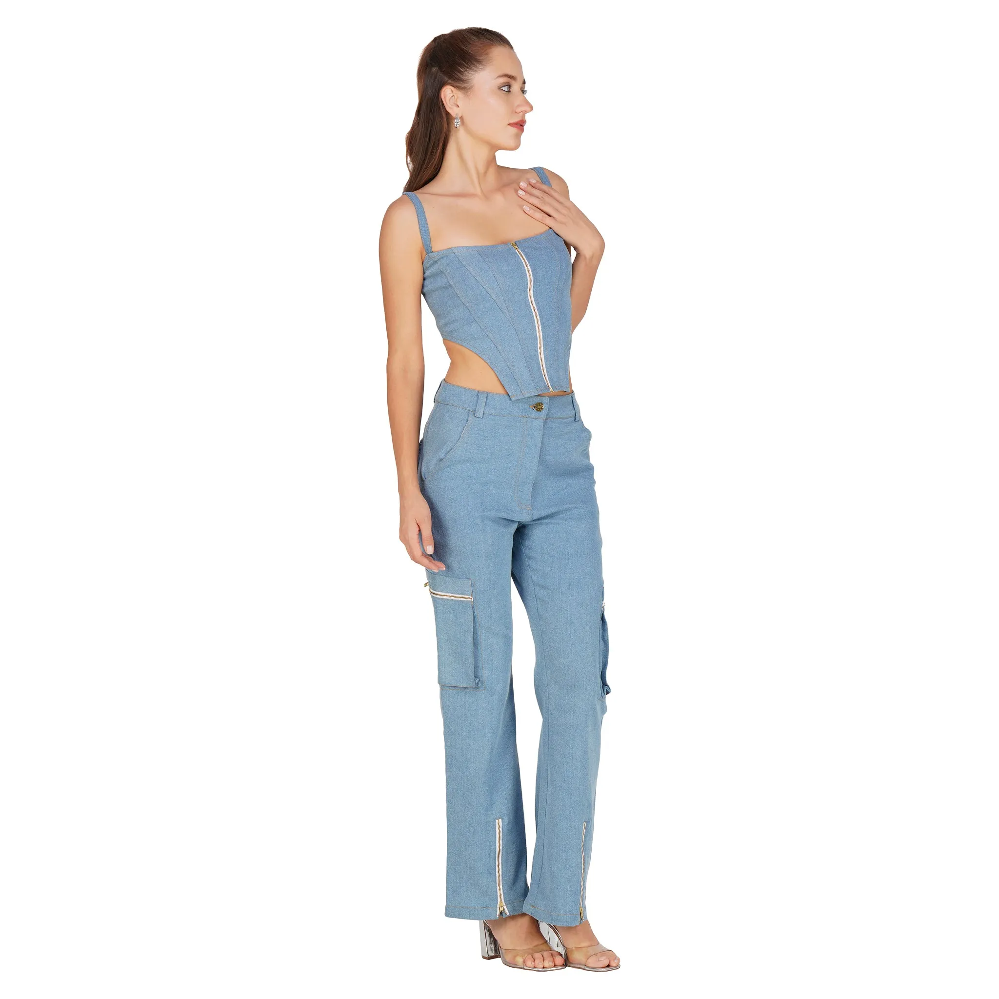 SLAY. Women's Light Blue Enzyme Wash Denim Zip up Corset & Cargo Jeans Co ord Set(Stretch Fabric)