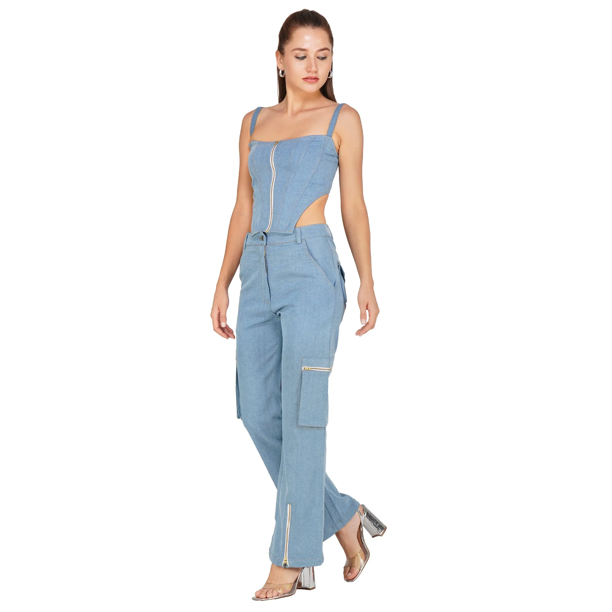 SLAY. Women's Light Blue Enzyme Wash Denim Zip up Corset & Cargo Jeans Co ord Set(Stretch Fabric)