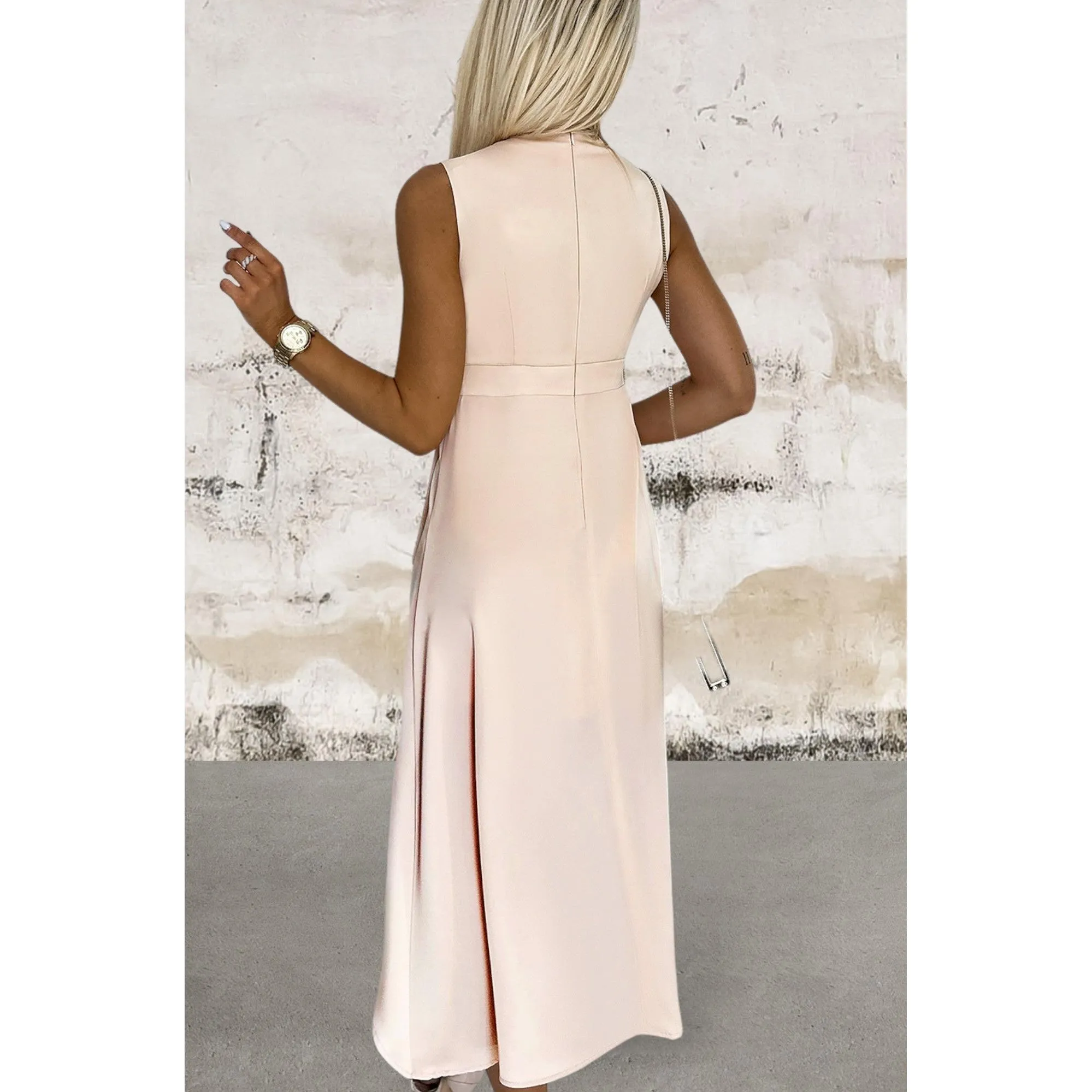 Sleeveless V Neck Frill Midi Dress with Slit