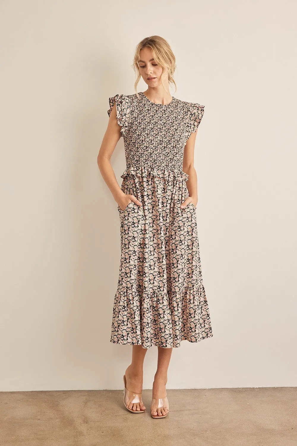 Smocked Floral Midi Dress - Black/Pink