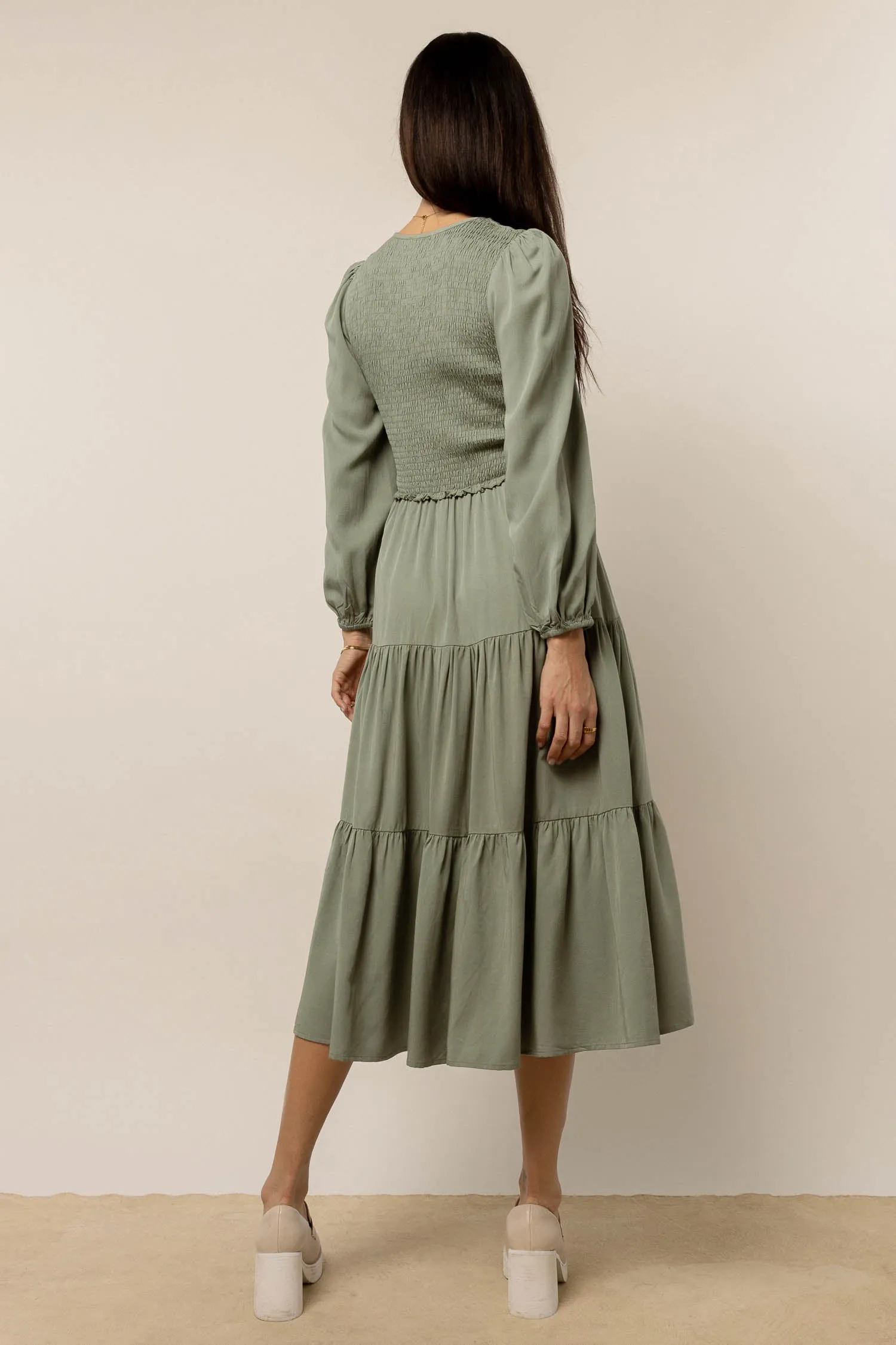 Smocked Tiered Midi Dress in Sage - FINAL SALE