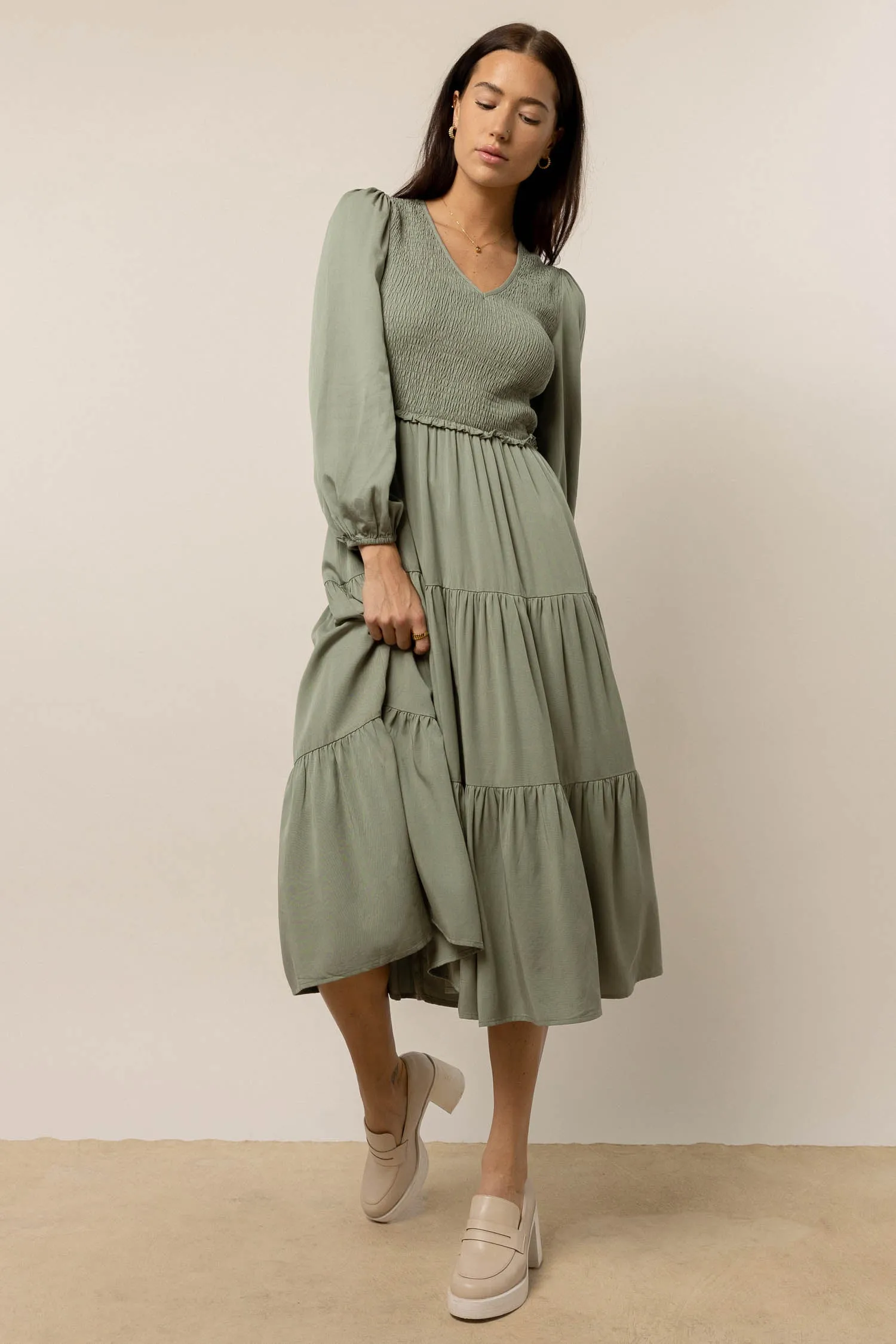 Smocked Tiered Midi Dress in Sage - FINAL SALE