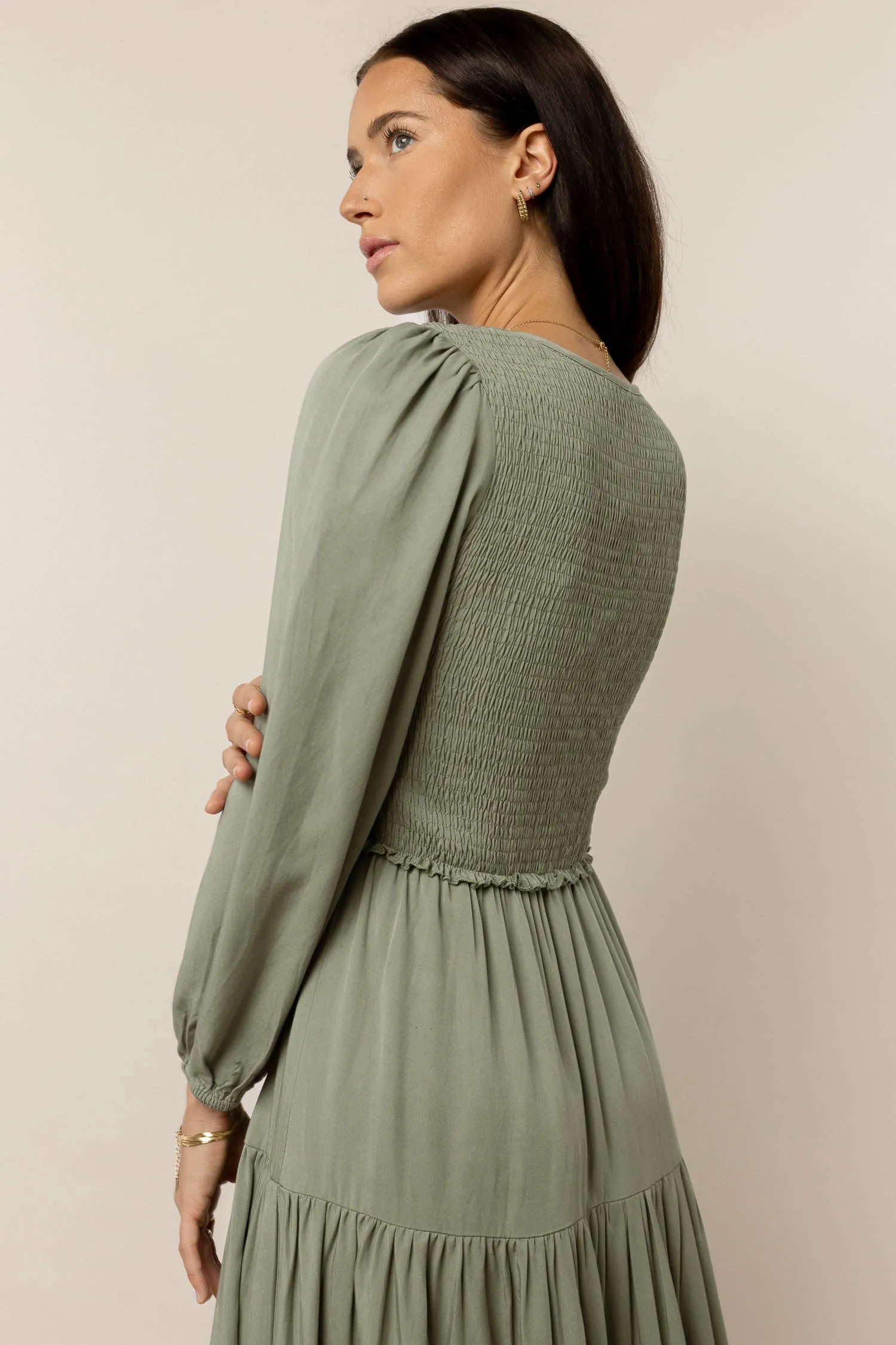 Smocked Tiered Midi Dress in Sage - FINAL SALE