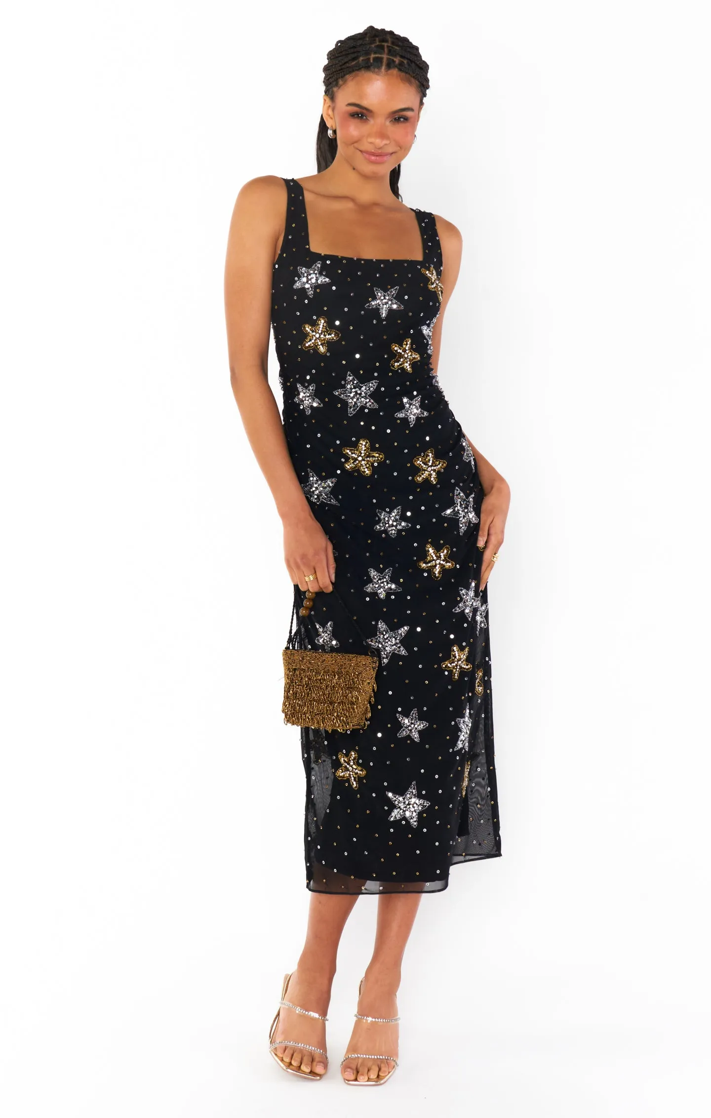 Stassi Midi Dress ~ Starfish Beaded Sequins Black