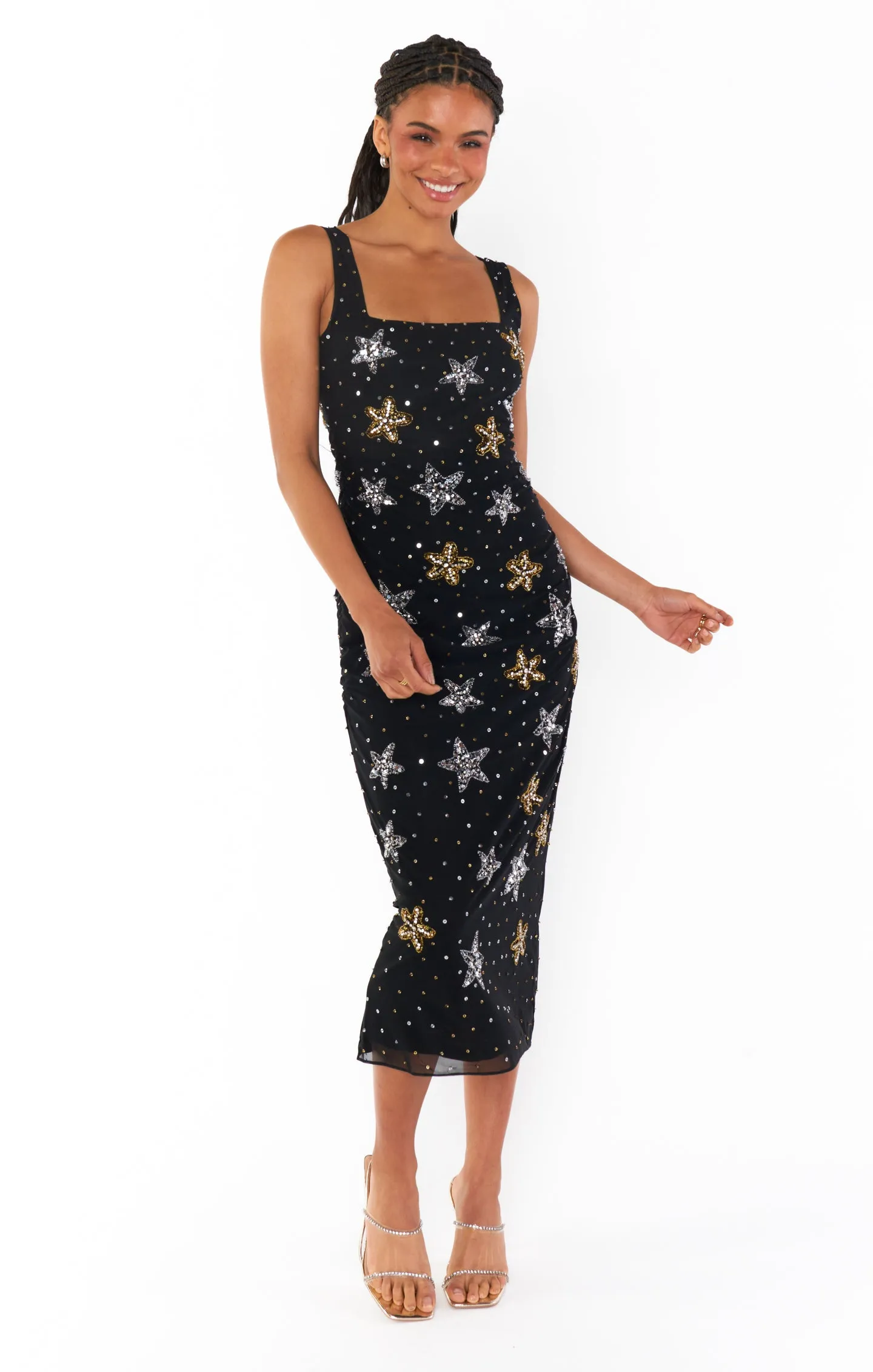 Stassi Midi Dress ~ Starfish Beaded Sequins Black