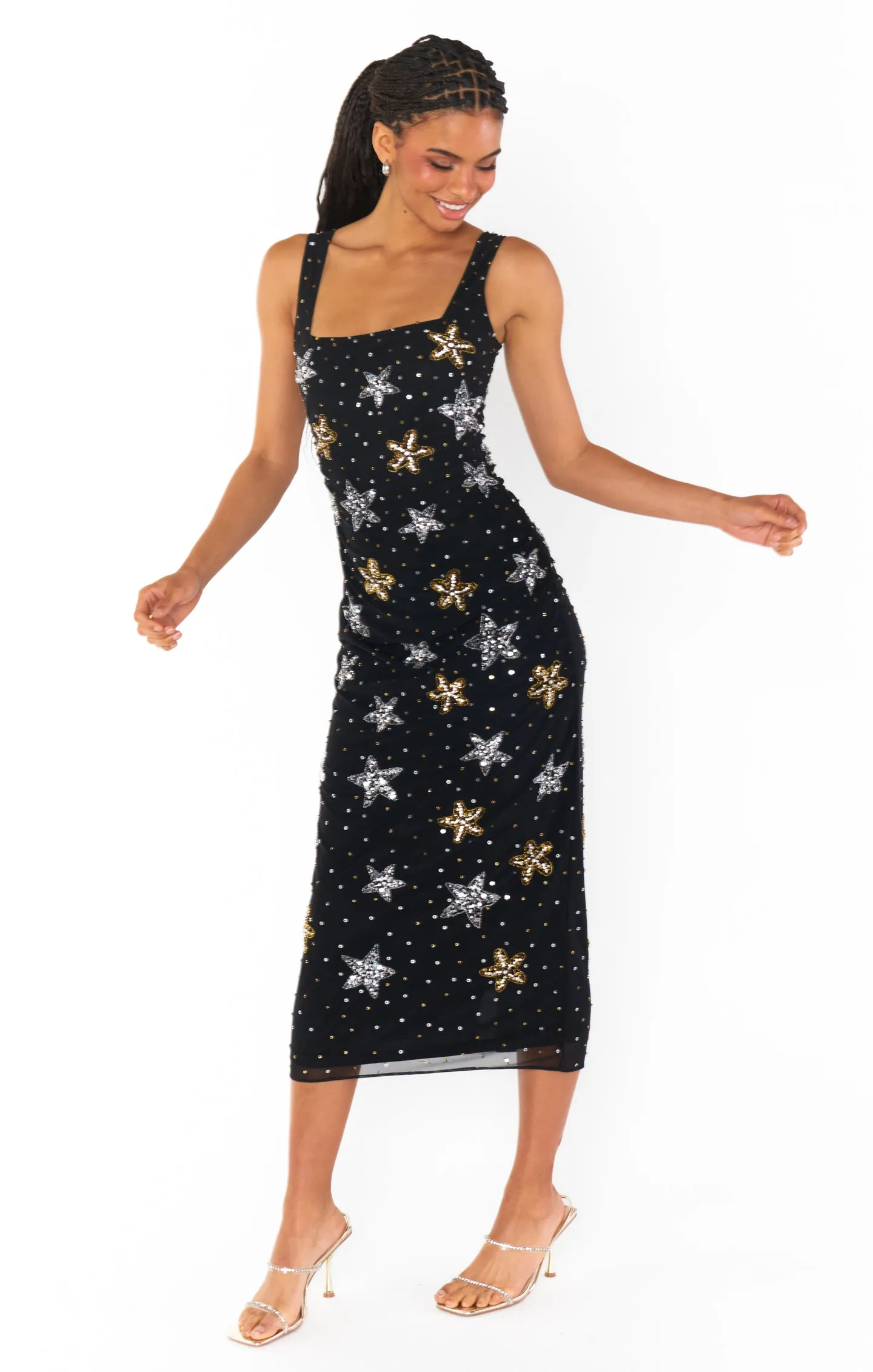 Stassi Midi Dress ~ Starfish Beaded Sequins Black