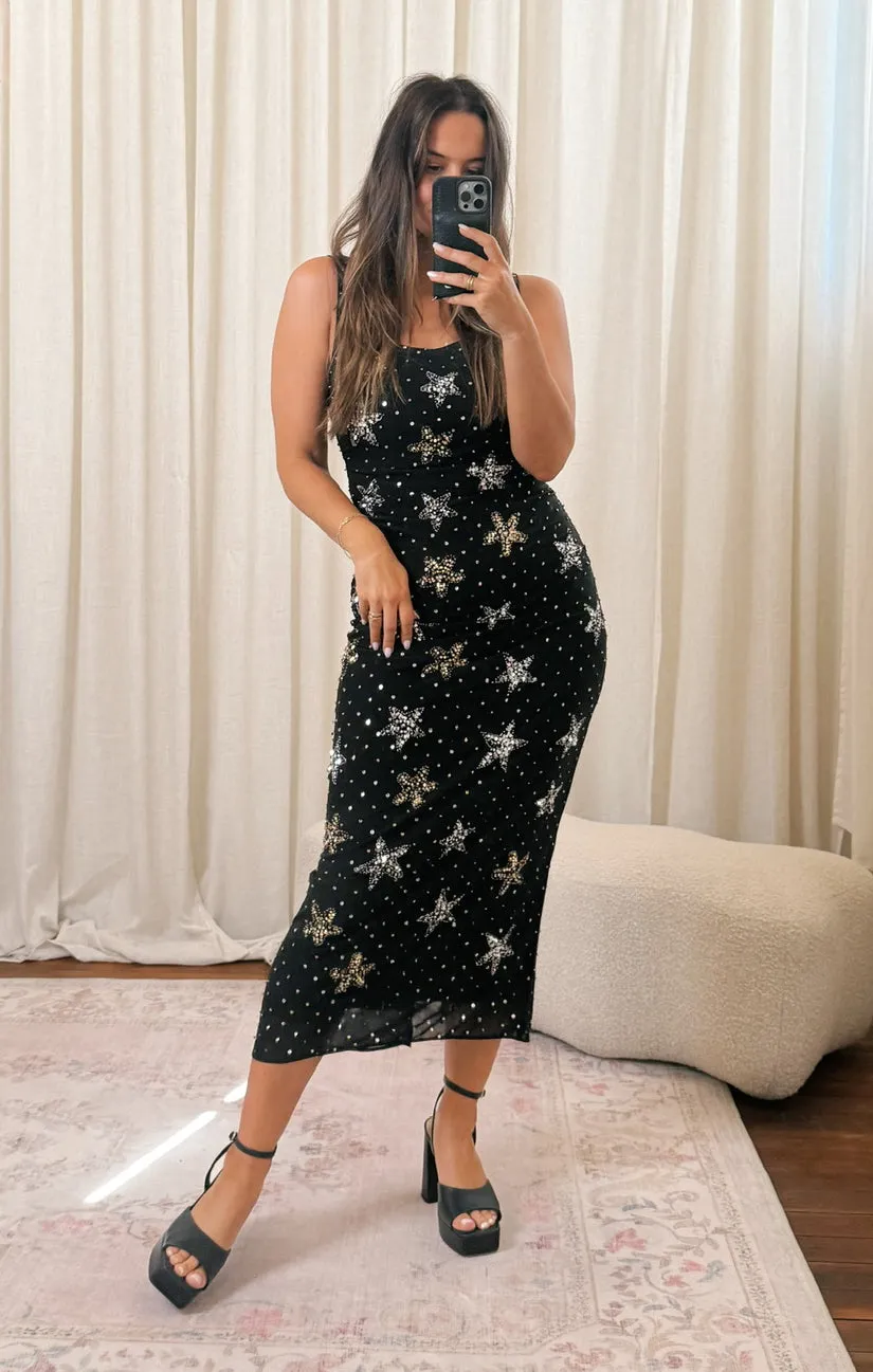 Stassi Midi Dress ~ Starfish Beaded Sequins Black