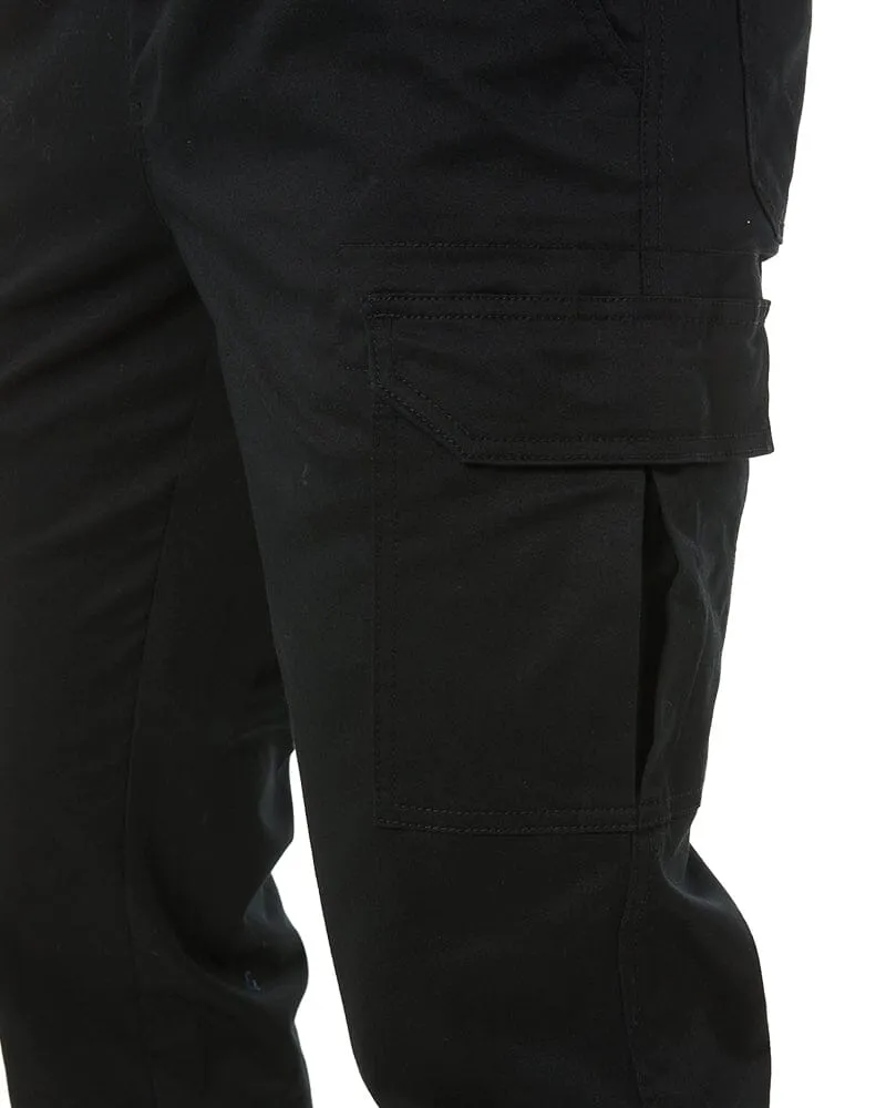 Stretch Cotton Drill Elastic Waist Cargo Pant - Black