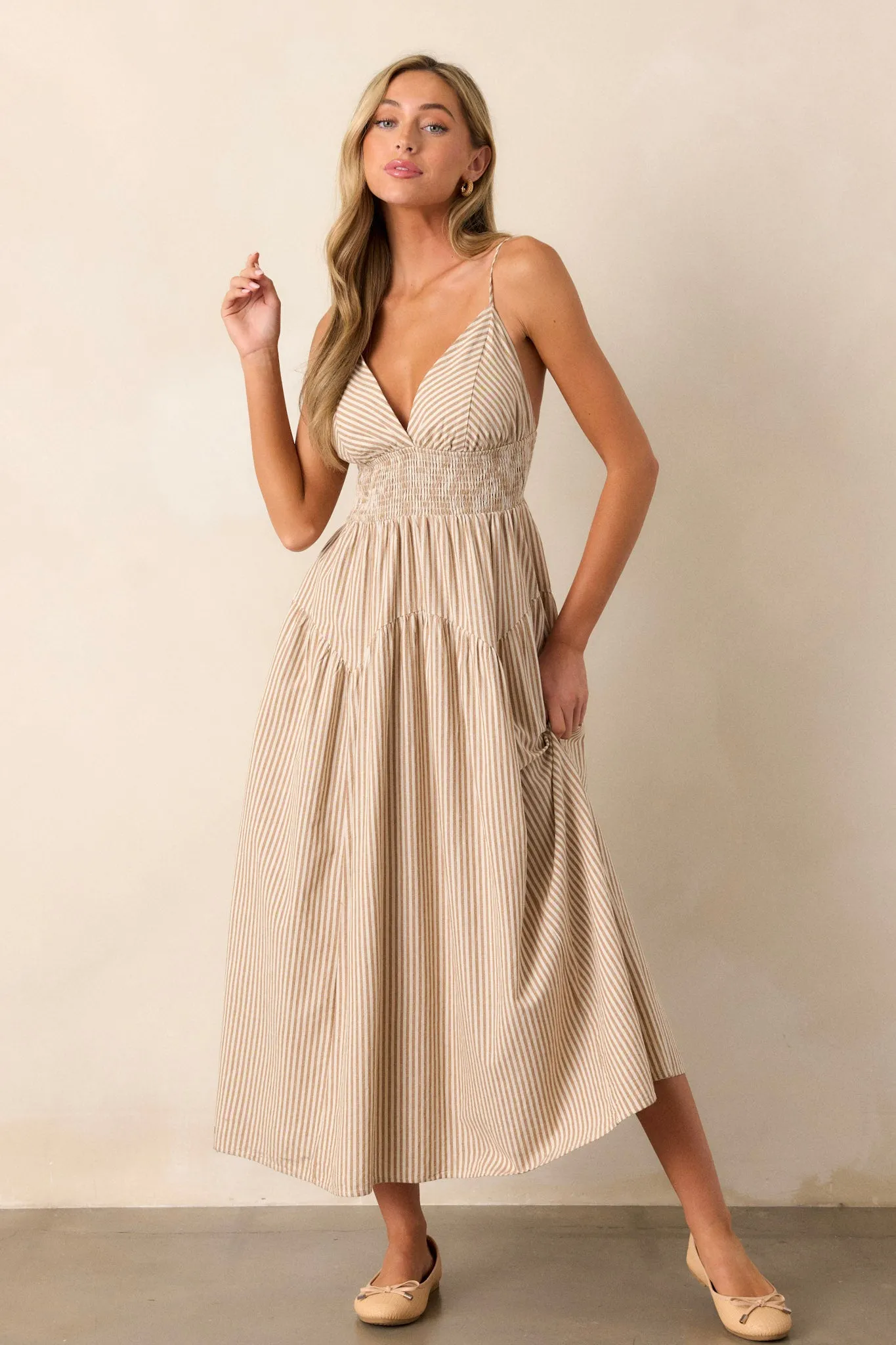 Sweet Harmony Tan Stripe Sleeveless Midi Dress