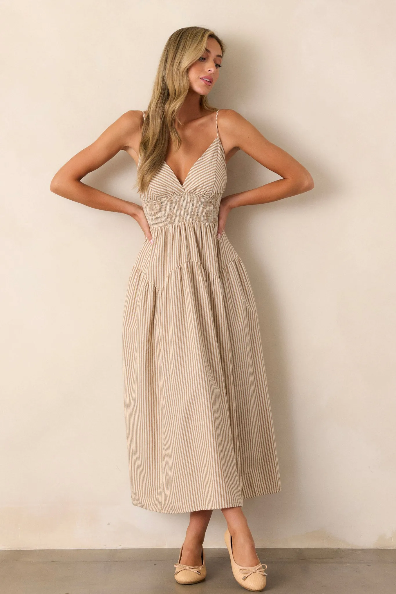 Sweet Harmony Tan Stripe Sleeveless Midi Dress