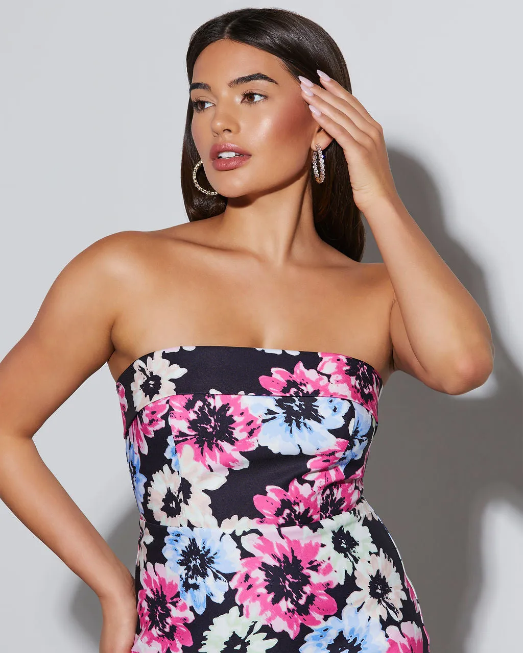 Thalia Strapless Floral Midi Dress