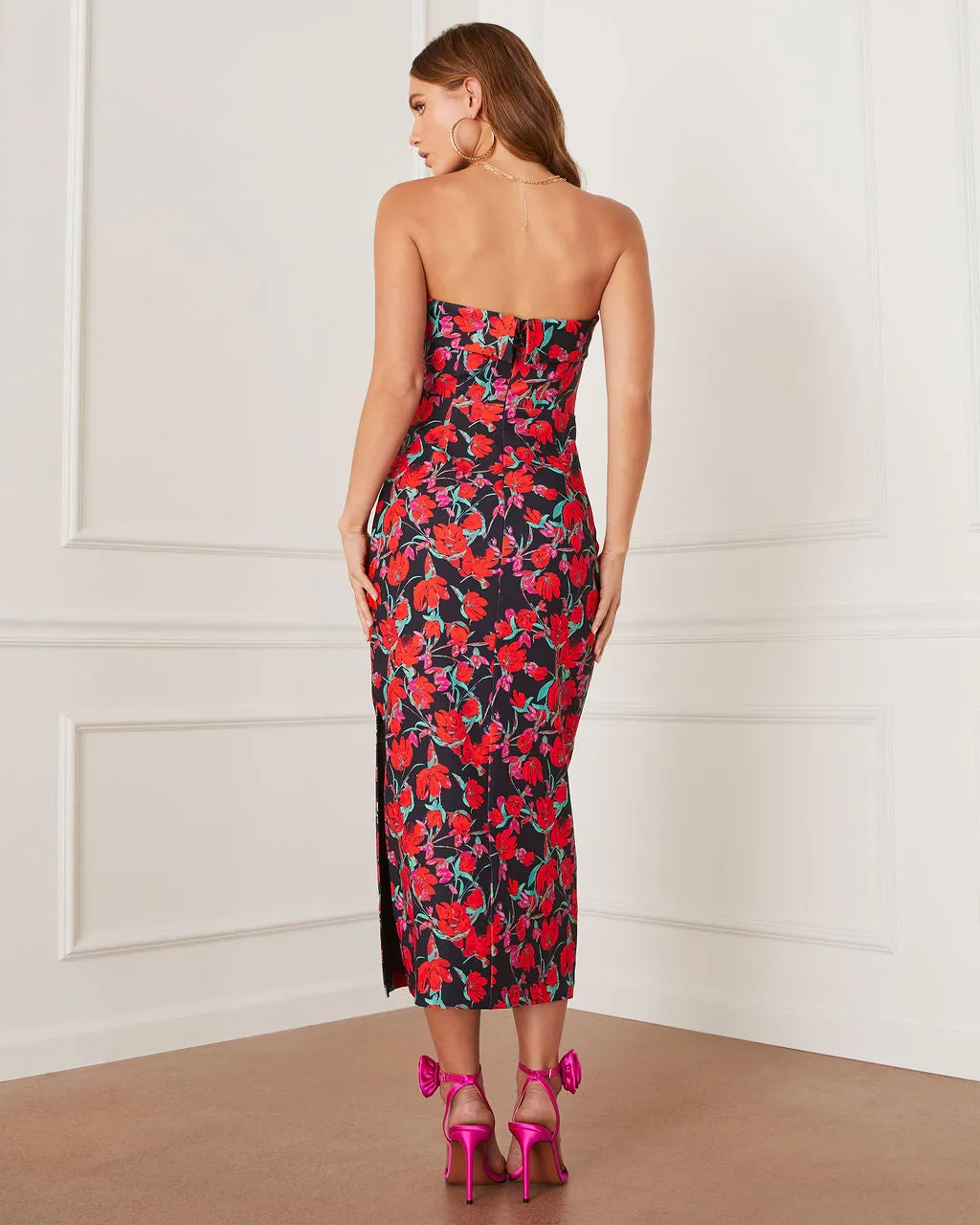 Thalia Strapless Floral Midi Dress