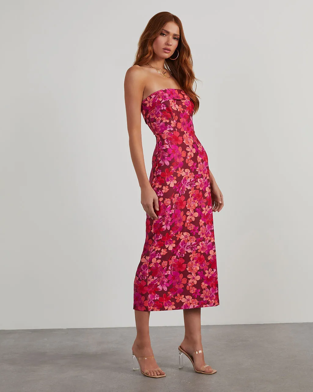 Thalia Strapless Floral Midi Dress