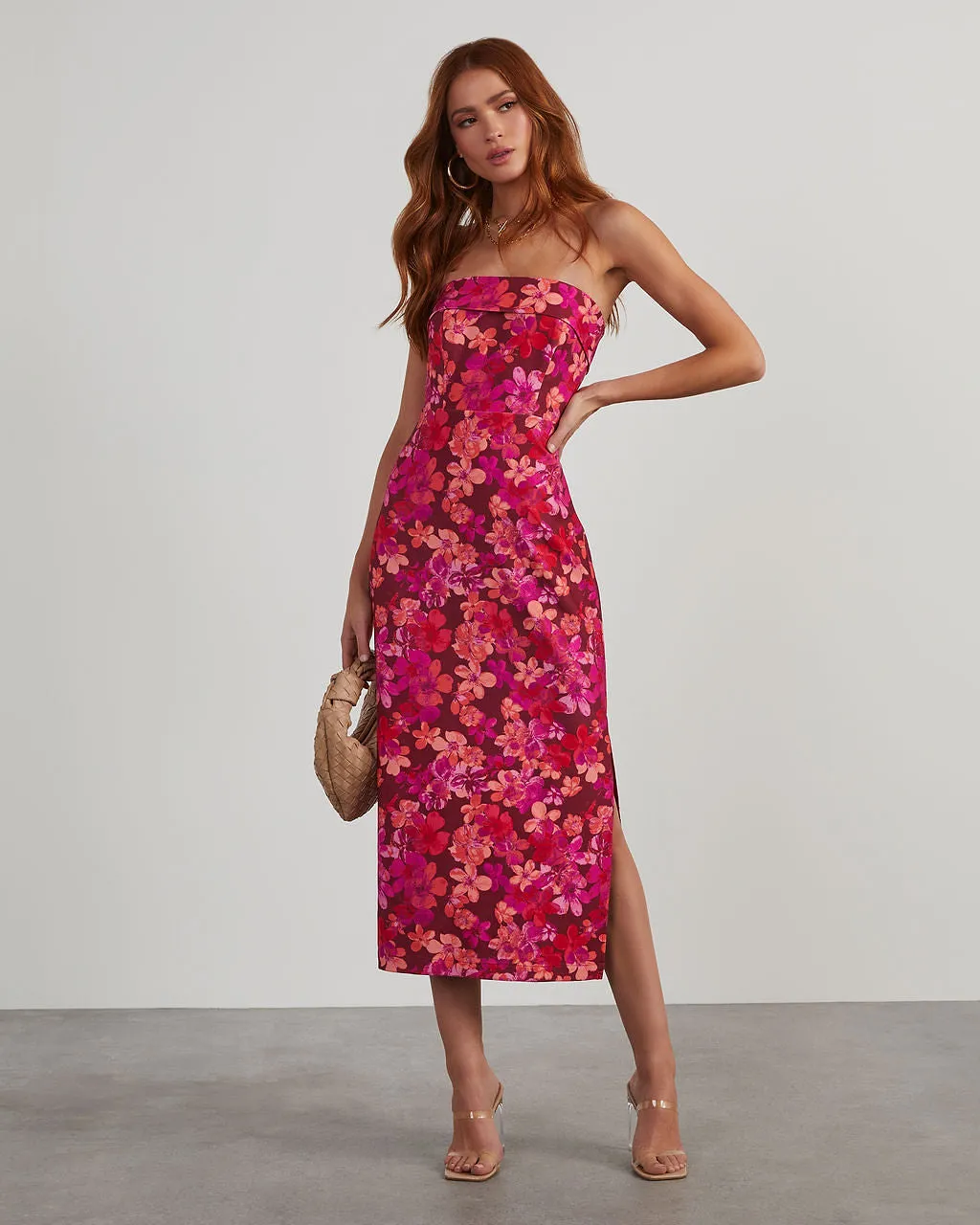 Thalia Strapless Floral Midi Dress