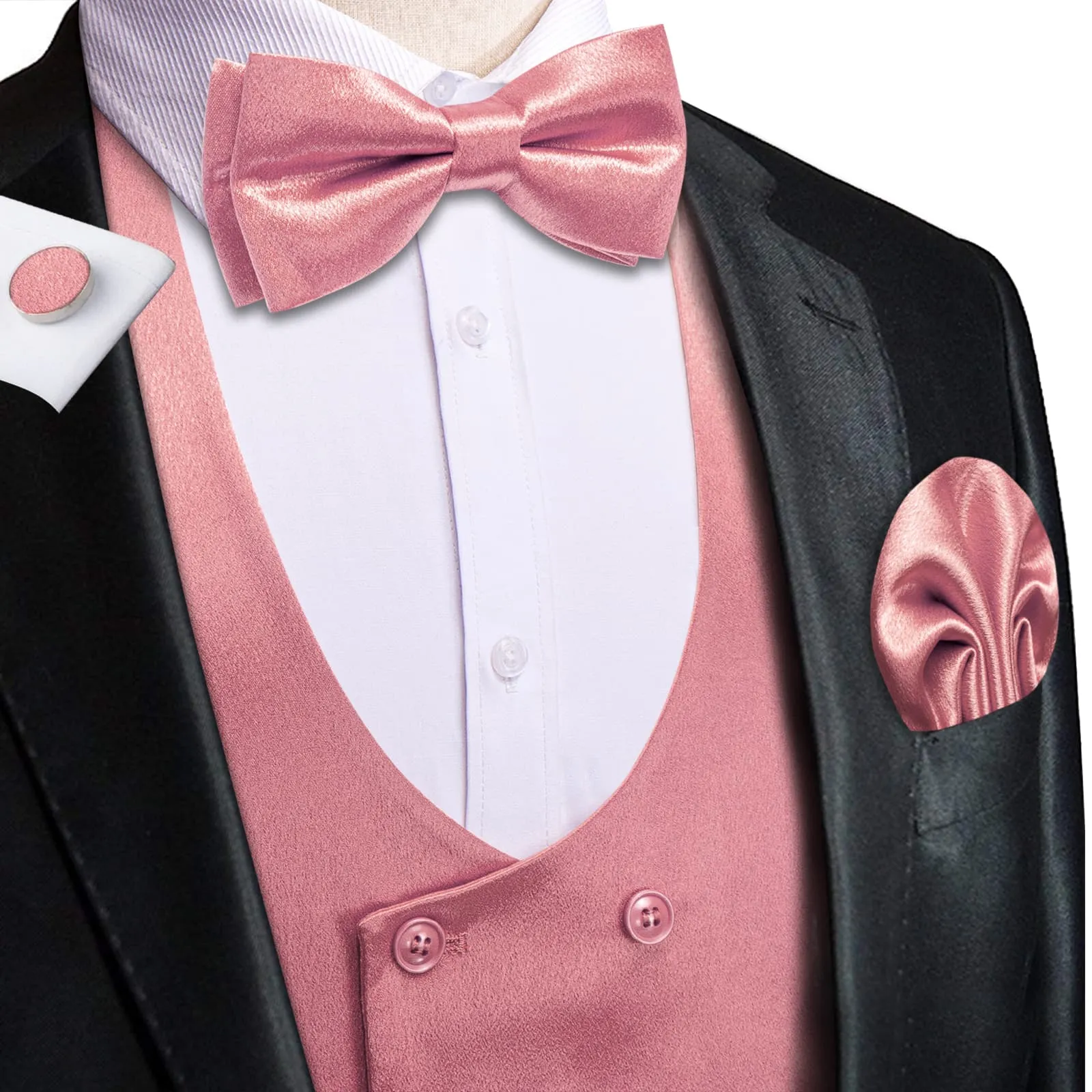 Ties2you Double Breasted Vest Salmon Pink Solid Mens Dress Vest Tie Bowtie Set 5PC