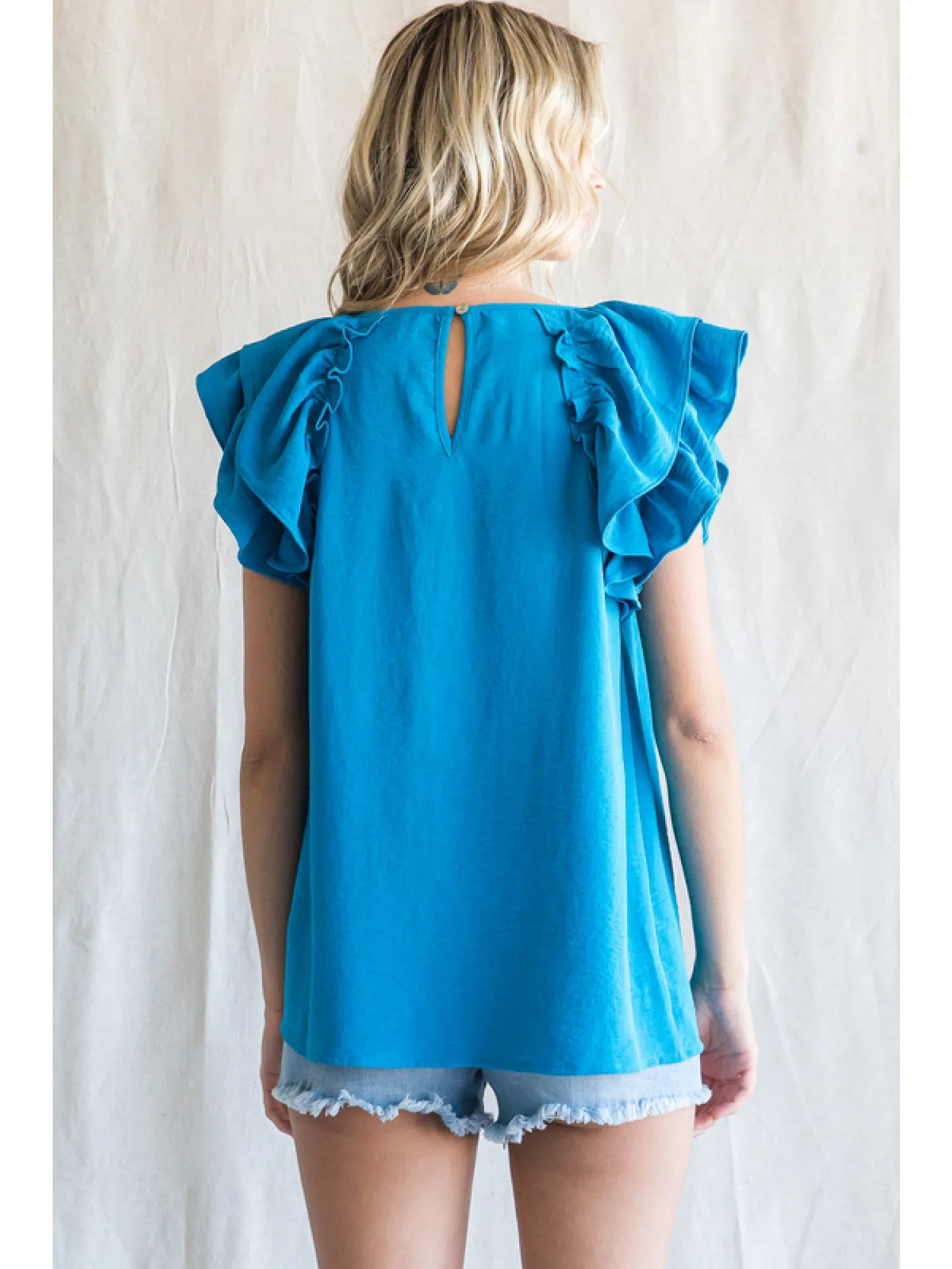 Turquoise Ruffled Sleeve Top