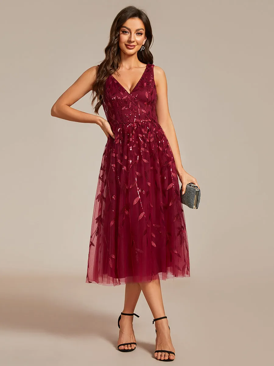 V-Neck Sequin Midi Wedding Guest Dress With Sleeveless