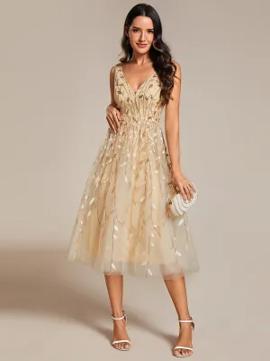 V-Neck Sequin Midi Wedding Guest Dress With Sleeveless