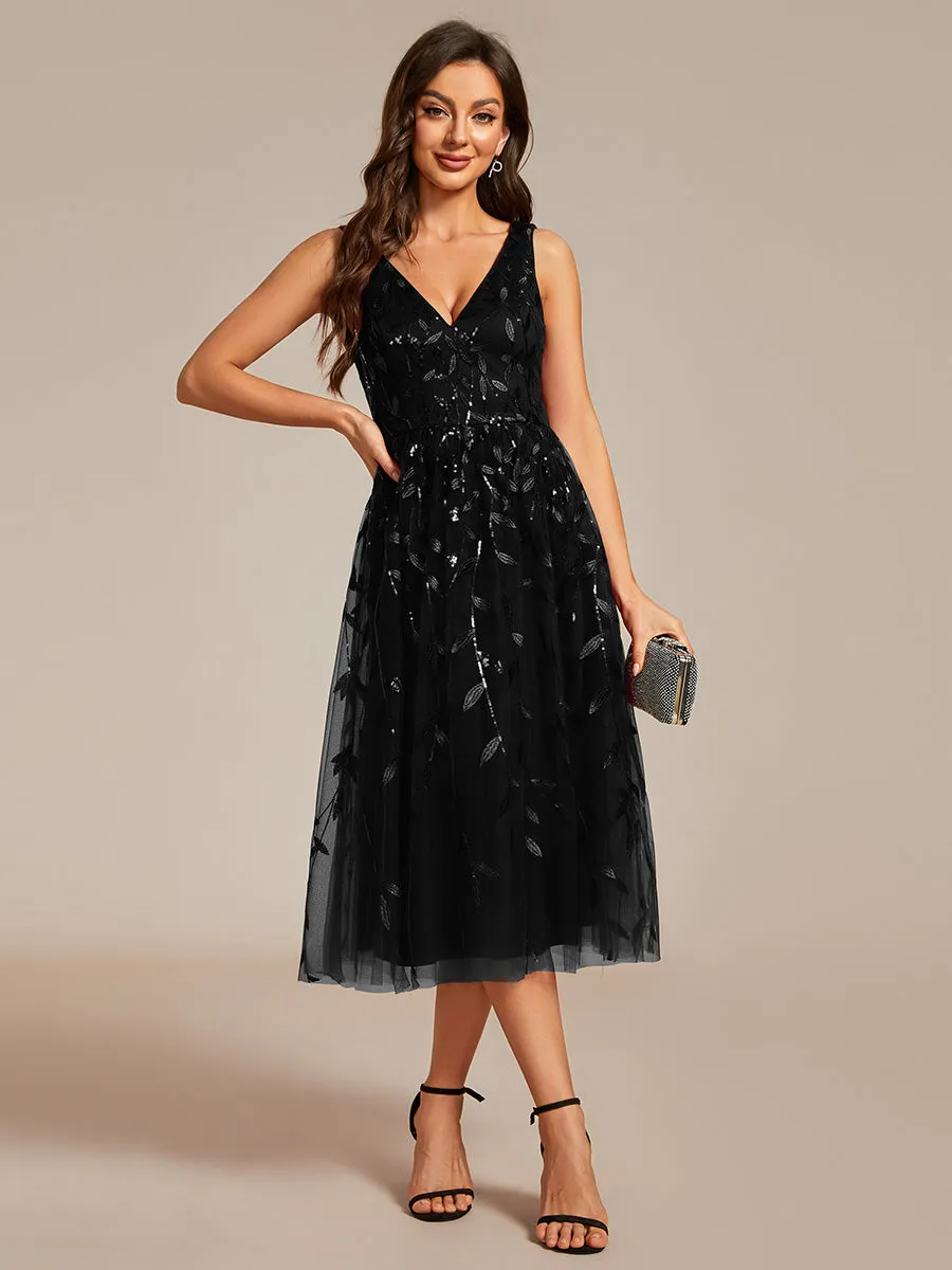 V-Neck Sequin Midi Wedding Guest Dress With Sleeveless