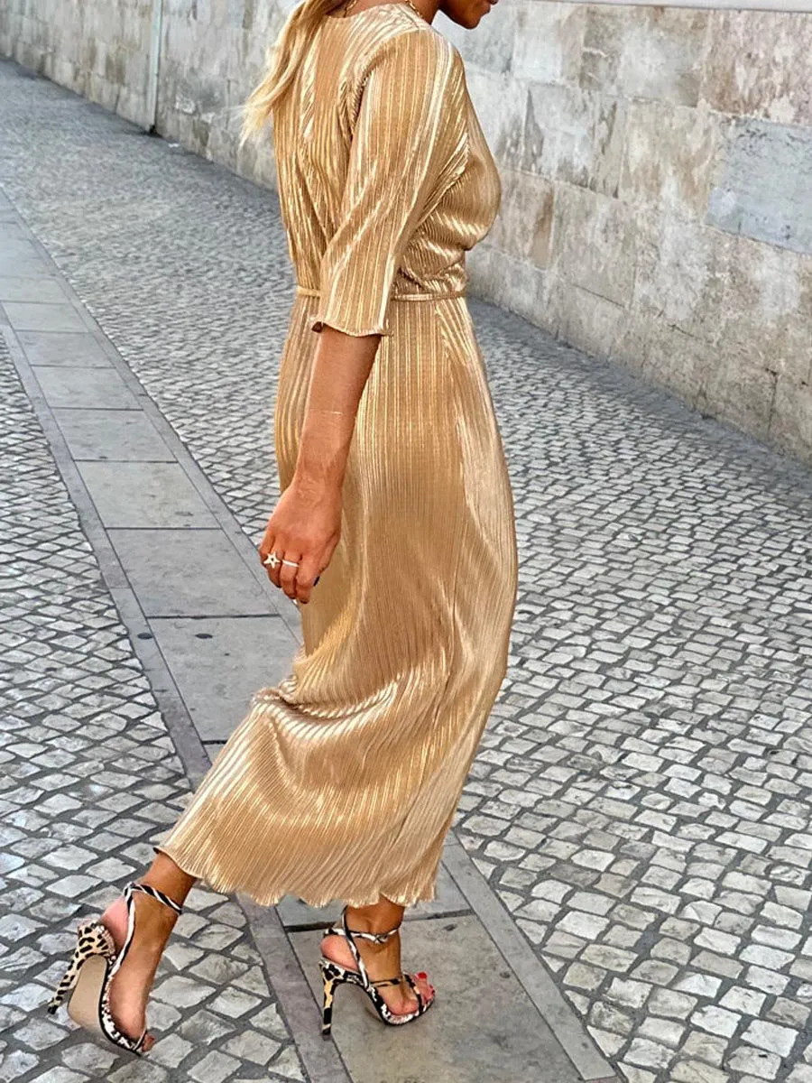 V Neck Waist Belt Gold Plisse Dress