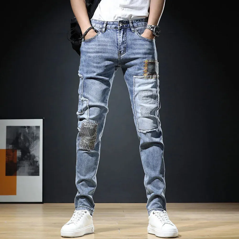 VDMO Men's Frayed Slim Straight Patchwork Jeans