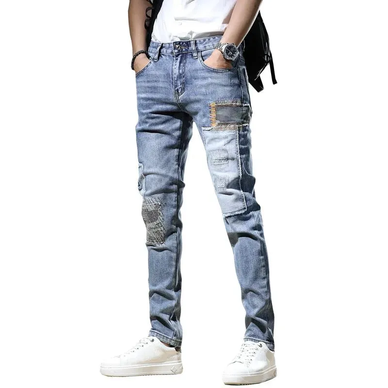 VDMO Men's Frayed Slim Straight Patchwork Jeans