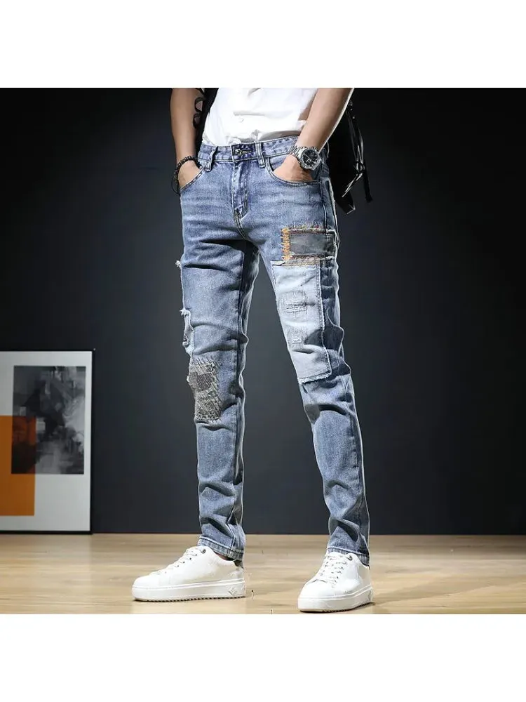 VDMO Men's Frayed Slim Straight Patchwork Jeans