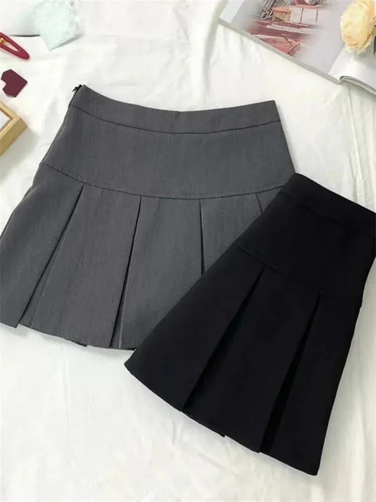 Vintage Gray Pleated Skirt Women Kawaii