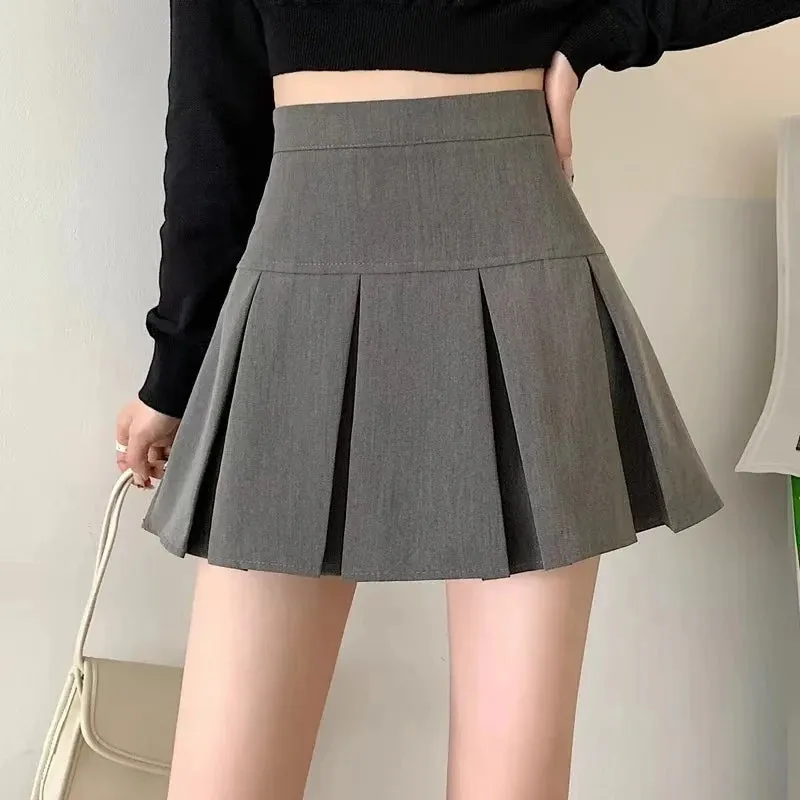 Vintage Gray Pleated Skirt Women Kawaii