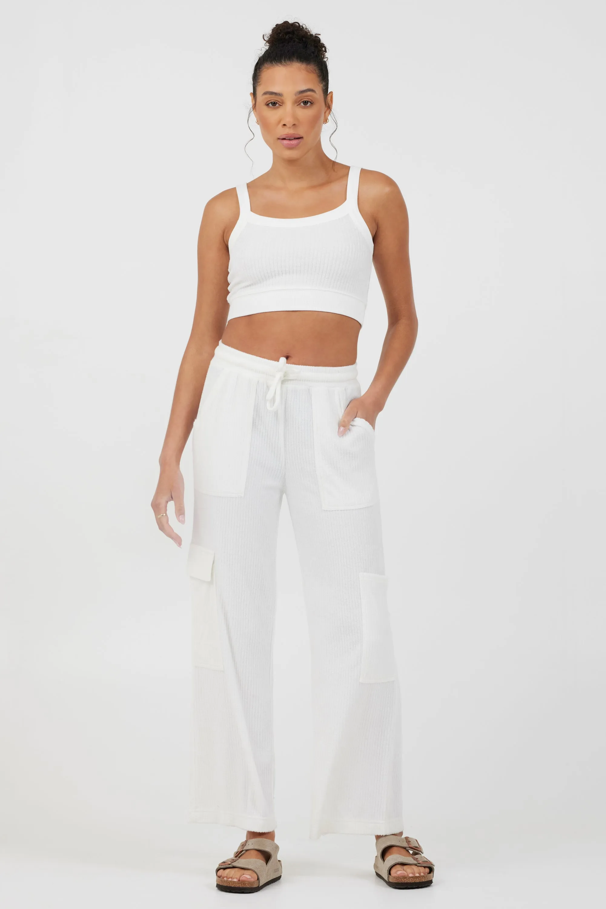 White Cord Terry Cargo Pants