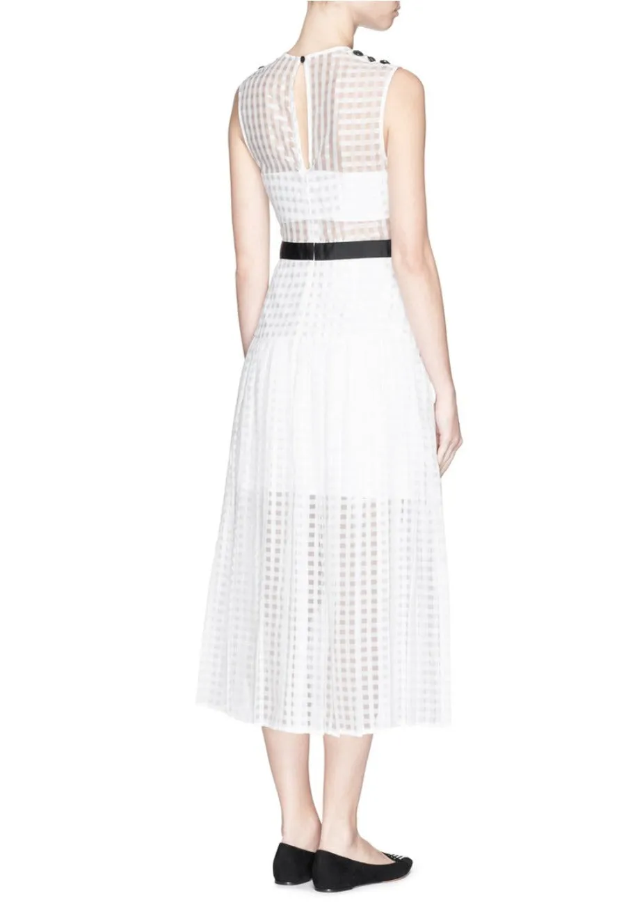 White Gingham Voile Pleat Midi Dress