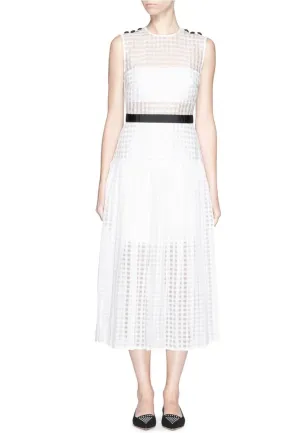 White Gingham Voile Pleat Midi Dress