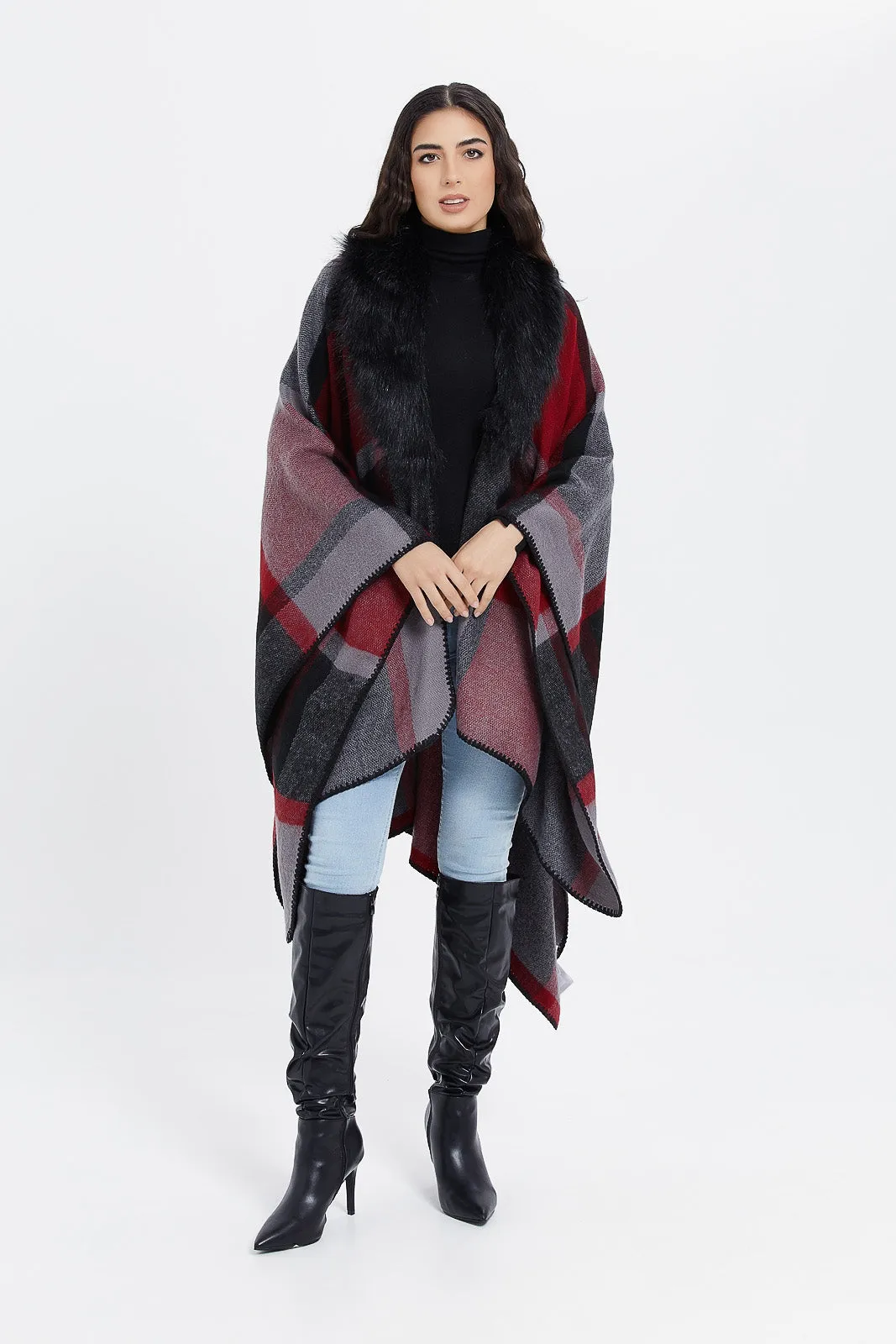 Women Assorted Checked Poncho With Fur Trim