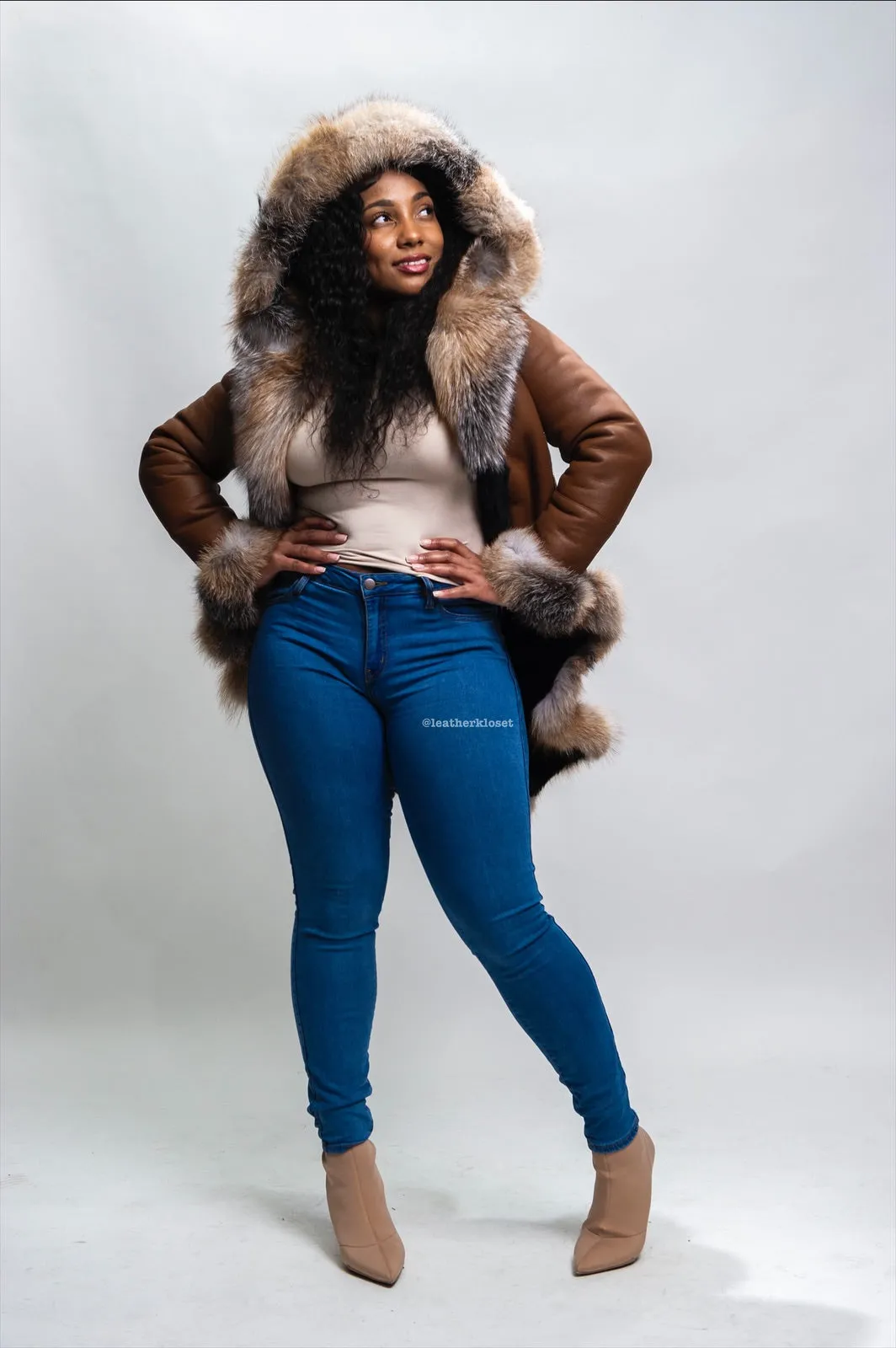 Women's Amber Shearling Sheepskin Jacket With Fox [Brown/Crystal Fox]