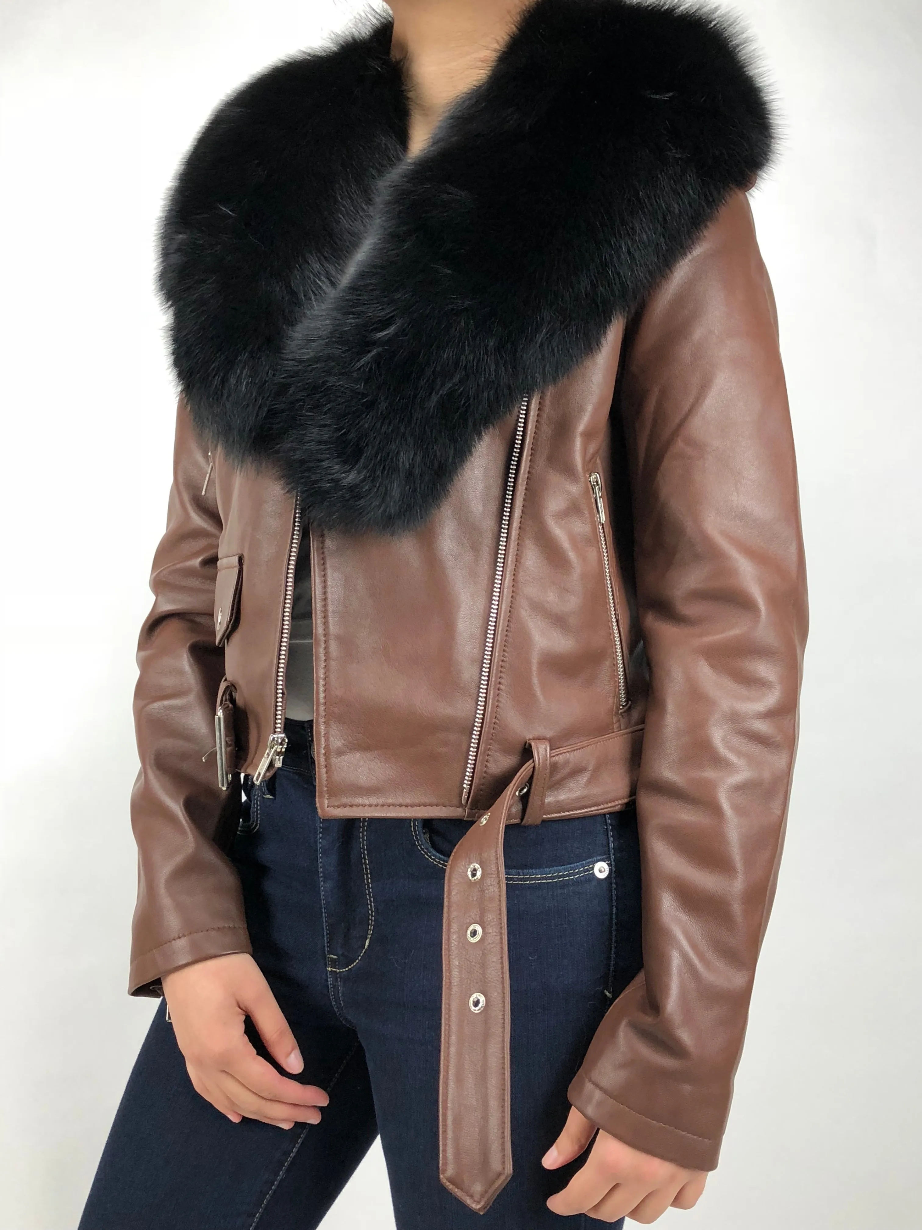 Women's Classic Biker Brown With Fox Collar