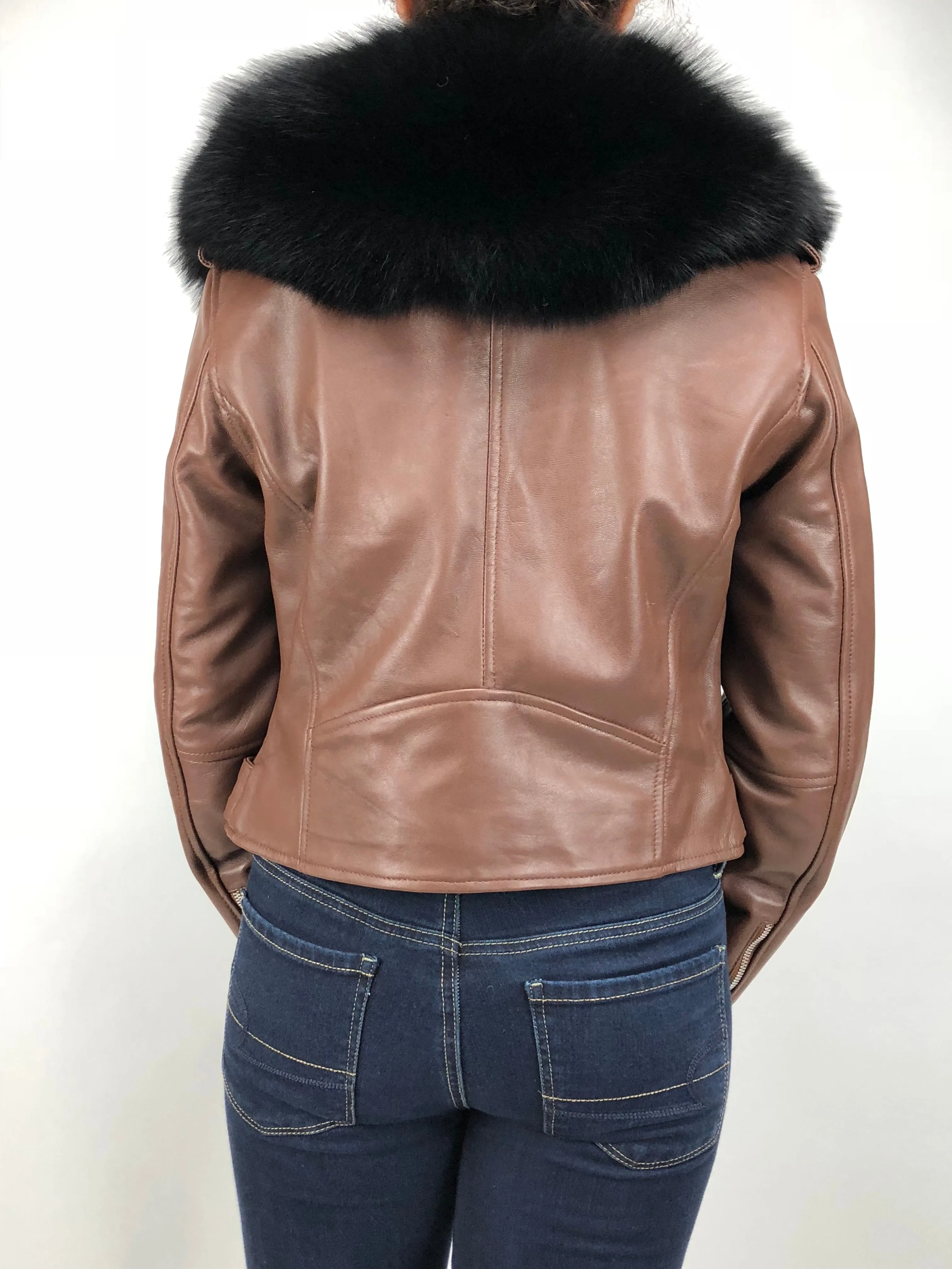 Women's Classic Biker Brown With Fox Collar