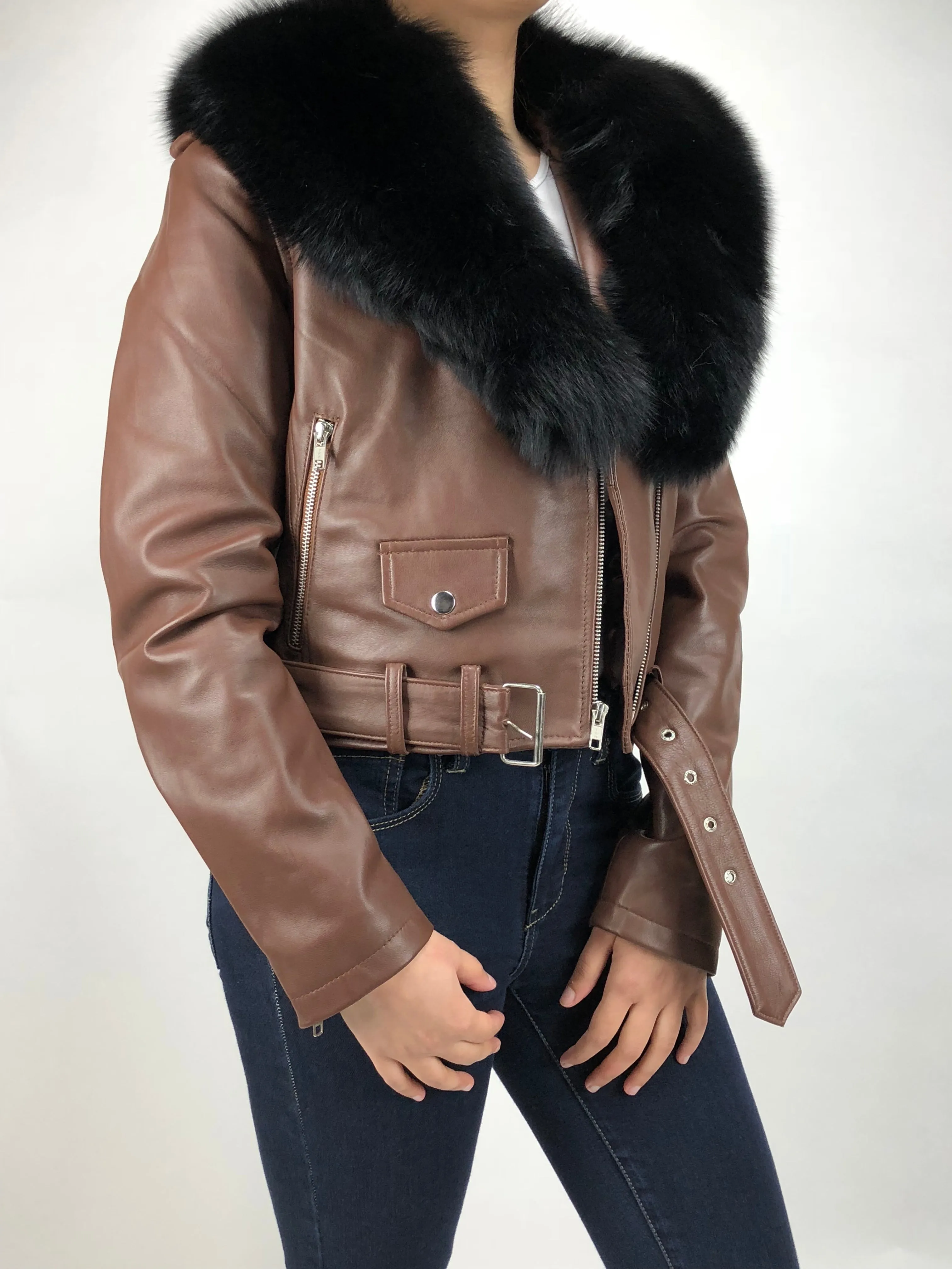 Women's Classic Biker Brown With Fox Collar