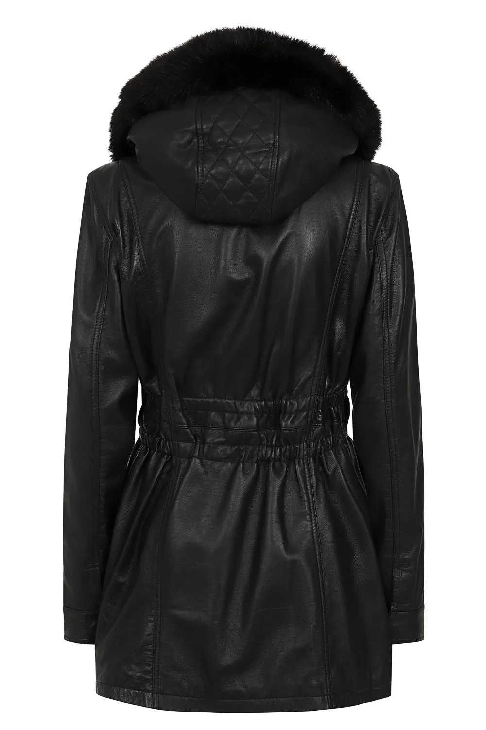 Women's Detachable Fur Trimmed Hood Black Real Leather Jacket Coat - 'BARBARA'