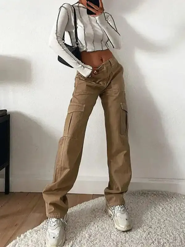 Women’s Fashion Multi Pocket Straight High Waist Thin Loose Cargo Pants